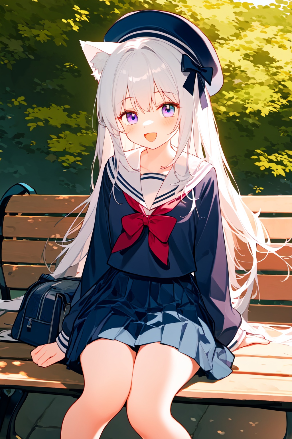 masterpiece,(best quality),1girl,fox tail,fox ears,, masterpiece, best quality, 1girl, cat, hat, bag, skirt, long hair, heterochromia, blue eyes, beret, smile, very long hair, solo, sitting, bow, animal, outdoors, sailor collar, blue headwear, pleated skirt, bangs, school uniform, blue skirt, tree, hair ornament, white sailor collar, :d, long sleeves, black bow, white hair, shirt, purple eyes, hairclip, bench, day, blush, open mouth, blue shirt, looking at viewer, feet out of frame, white cat, shoulder bag, on bench, puffy long sleeves, serafuku, sitting on bench, collarbone