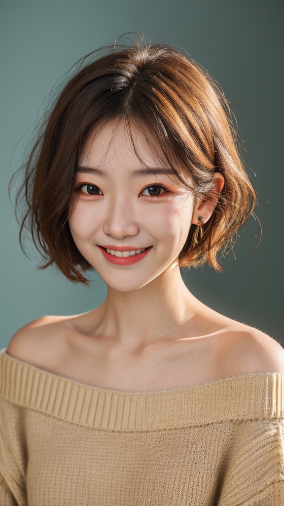 portrait,1girl,available light,face_focus,ear hanging short hair,off-shoulder sweater,smile,<lora:皮肤纹理控制:1>,incredibly absurdres,