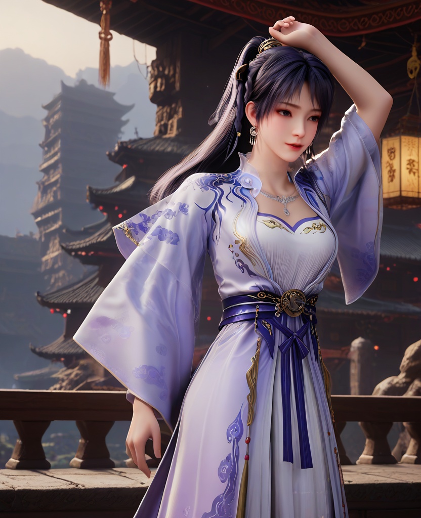 (oriental architecture, elegant decor, sophisticated style:1.1),(Standing on the edge of a cliff, arms raised, feeling free and alive,:1.1),(breasts:1.2),<lora:XL16遮天姬紫月宫装:0.95>,miss jiziyue,pastel blue wrap coat,white see-through lining dress,sash,dark purple hair,high tie half ponytail,long hair,hair ornament,earrings,necklace,lips,, score_9,score_8_up,score_7_up,score_6_up,score_5_up,score_4_up,3d rendering,tag1,tag2, Cinematic Lighting,backlighting,