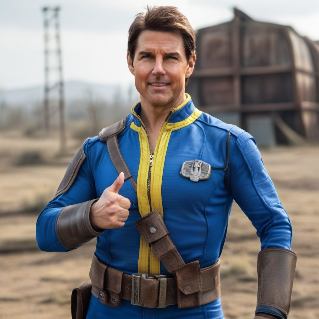 Dystopian style a portrait of tom cruise wears a blue and yellow outfit,  a computer wrist,  a belt on Tensor.Art