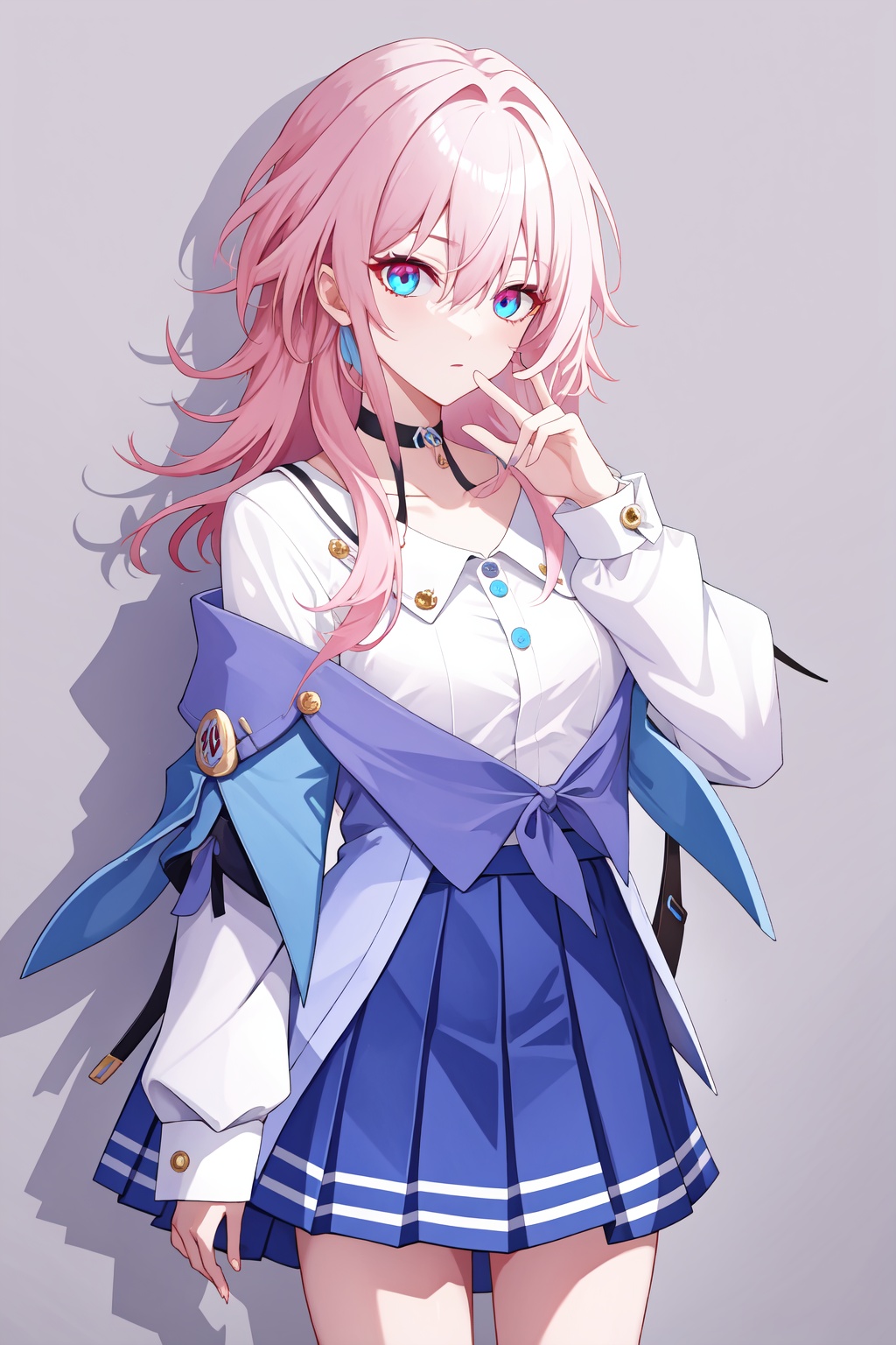 <lora:三月七:1:lbw=char>,sanyueqi,pink hair,bangs,shirt,white shirt,long sleeves,blue eyes,jacket,skirt,choker,blue jacket,blue skirt,hair between eyes,multicolored eyes,, 1girl,,  (masterpiece,best quality:1.2),absurdres