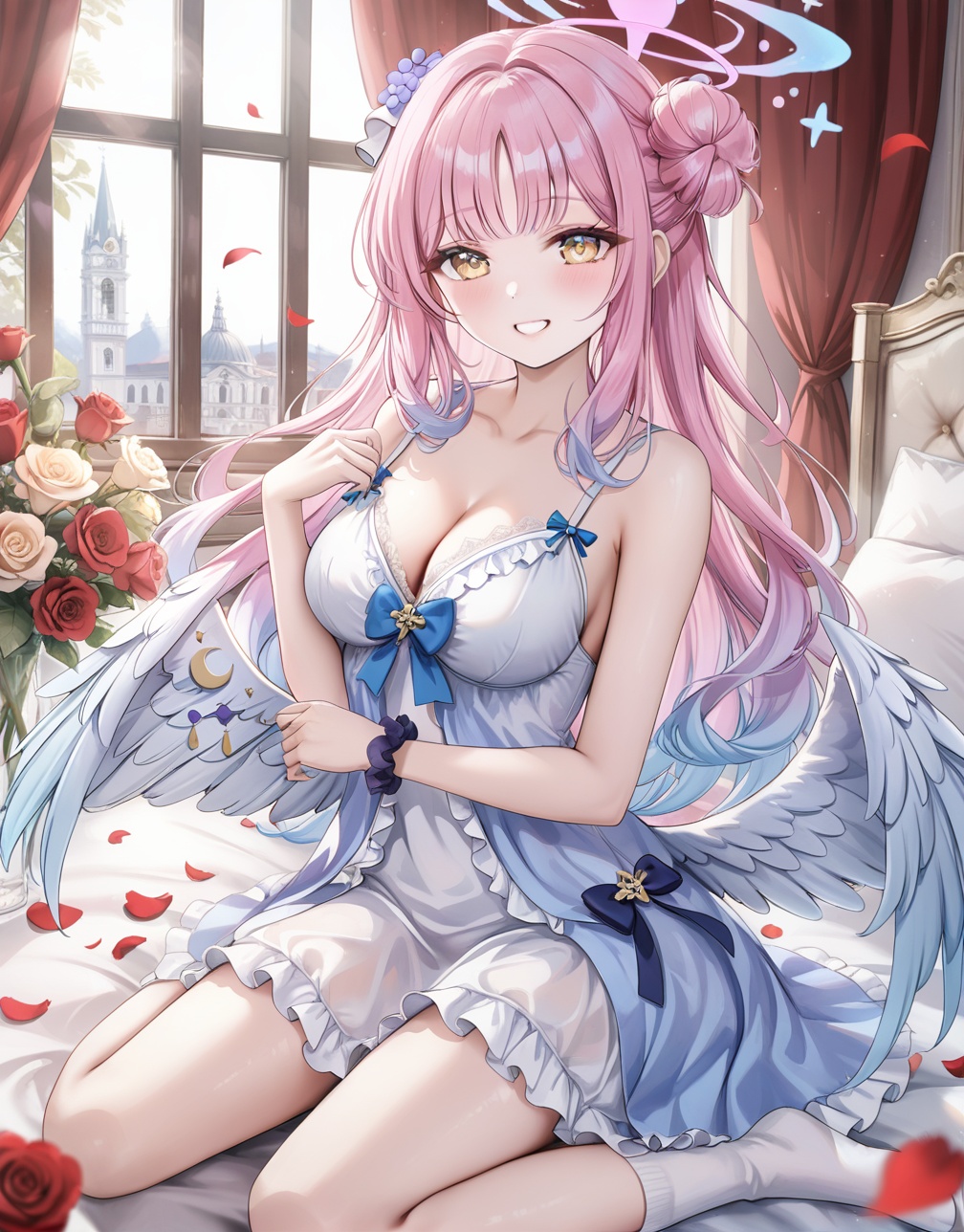 0,jw,Torino,Noyu,1girl, solo, smile, breasts, mika (blue archive), pink hair, petals, halo, looking at viewer, wings, long hair, curtains, sitting, hair bun, cleavage, flower, blush, window, feathered wings, single side bun, collarbone, rose, bangs, grin, yellow eyes, indoors, feathers, thighs, rose petals, lingerie, underwear, angel wings, on bed, frills, nightgown, medium breasts, wariza, low wings, socks, bare arms, bare shoulders, white wings, red flower, heart, multicolored hair, babydoll, sidelocks, large breasts, blurry foreground, falling petals, gradient hair, :d, negligee, very long hair, teeth, scrunchie,(UHD),anatomically correct,accurate,textured skin,super detail,high details,award-winning,best quality,high quality,retina,16k,HD,1080P,8k,