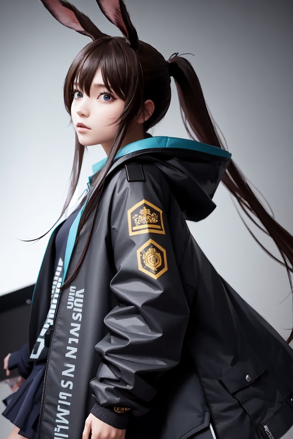 amiya_(arknights),1girl,solo,looking_at_viewer,long_sleeves,black_jacket,open_jacket,sidelocks,ponytail<lora:amiya_(arknights):1>,simple background,white backgroundmasterpiece,best quality, highly detailed, 