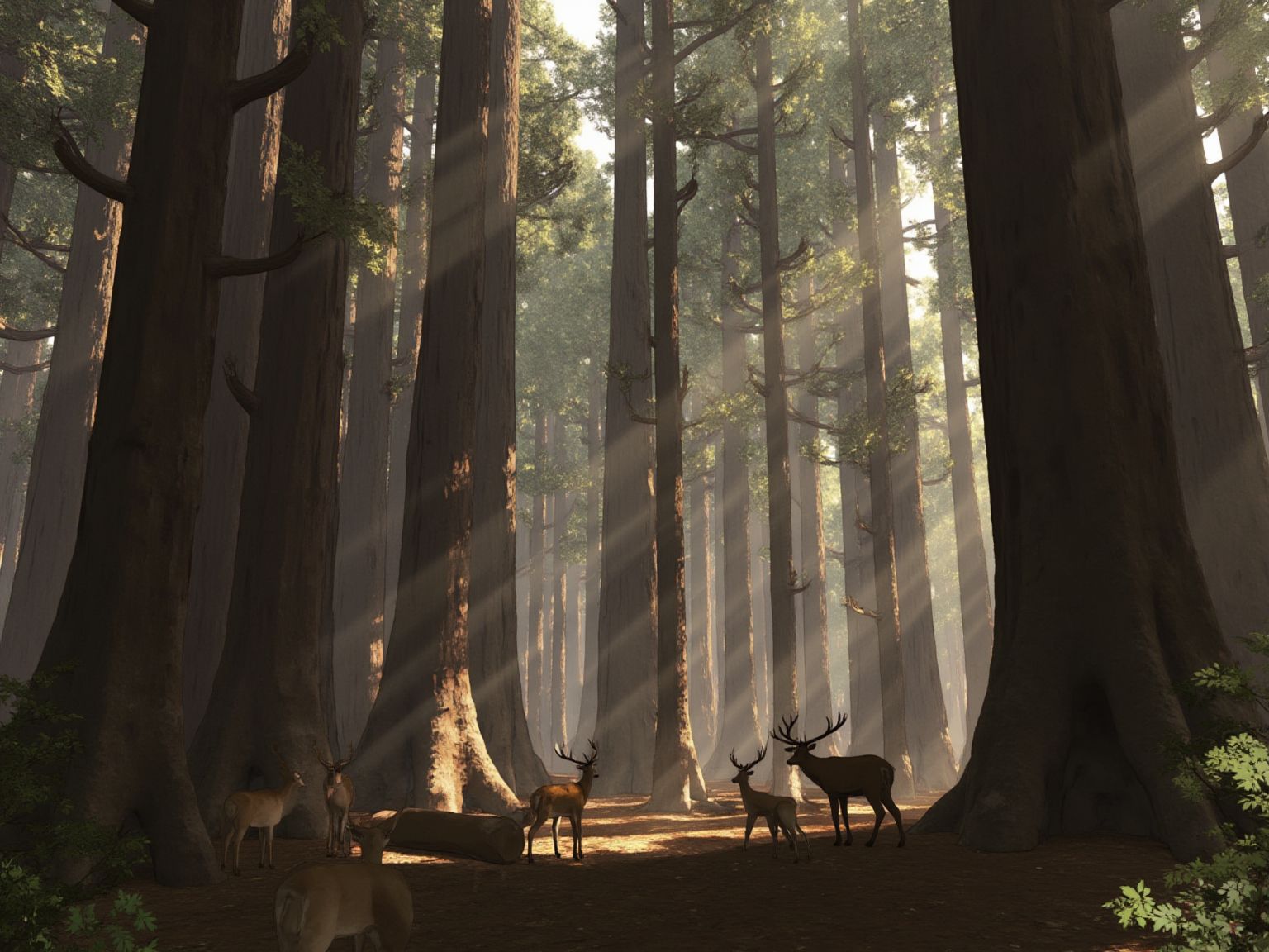 The image presents a digital painting of a vast, ancient redwood forest, with towering trees reaching skyward. The forest floor is dappled with sunlight, and a family of deer is depicted in the foreground, alert and curious. The background features a soft, misty haze, with the sun's rays piercing through to create a warm, ethereal glow. The mood is one of mystery and tranquility. <lora:S_BLACKGROUD_:1>