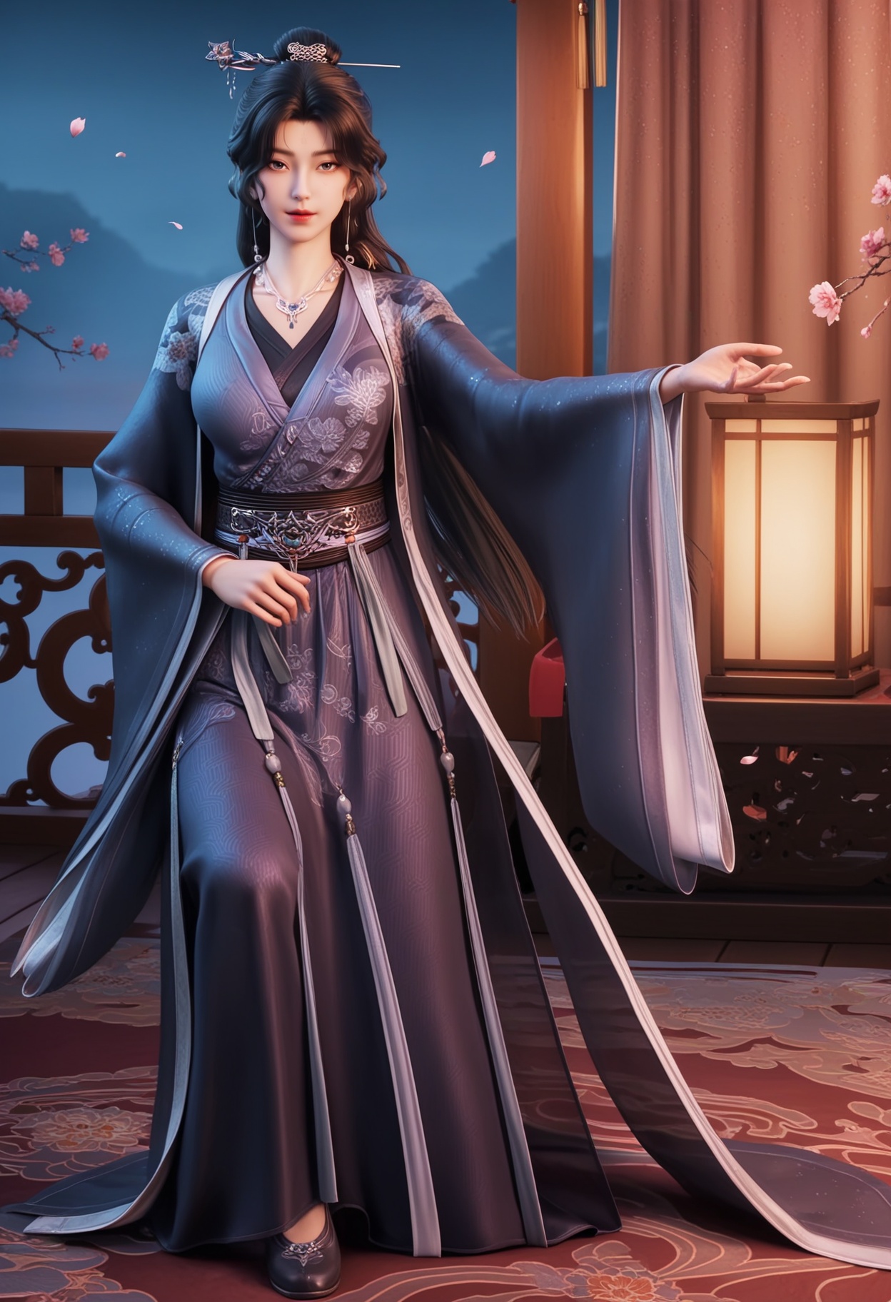 masterpiece,best quality,amazing quality,high resolution,ultra-detailed,absurdres,(looking at viewer:1.1),(Dark room:1.3),(moody lighting:1.1),peach blossom,falling petals,(large breasts:0.8),tszhanglao,1girl,solo,black hair,long hair,chinese clothes,hair ornament,jewelry,hanfu,necklace,realistic,earrings,hair bun,dress,long sleeves,shoes BREAK photorealistic details,<lora:QQSilltszhanglaoV1:0.8>,