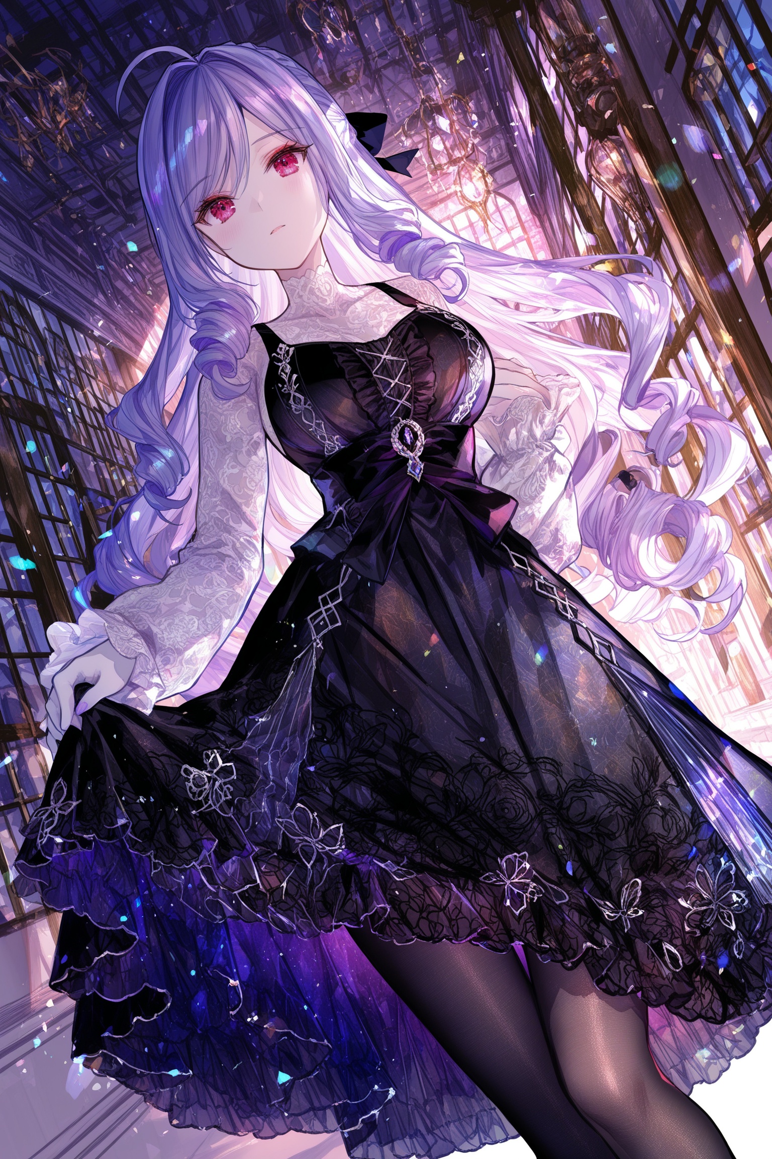 (fuzichoco),(joman:0.36),(shiny_skin:0.5),white_skin,1girl,vivian,black dress,black pantyhose,dutch angle,