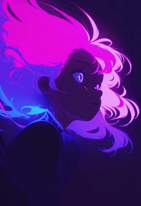 silhouette character, black ink, neon colors, colors splash effect, flowing hair, Masterpiece, clean lines, sharp, focused subject, minimalistic composition, side view, upper body view. blue and pink neon lights, black background, futuristic, Bloodrayne, dynamic motion, dynamic angle, vibrant colour