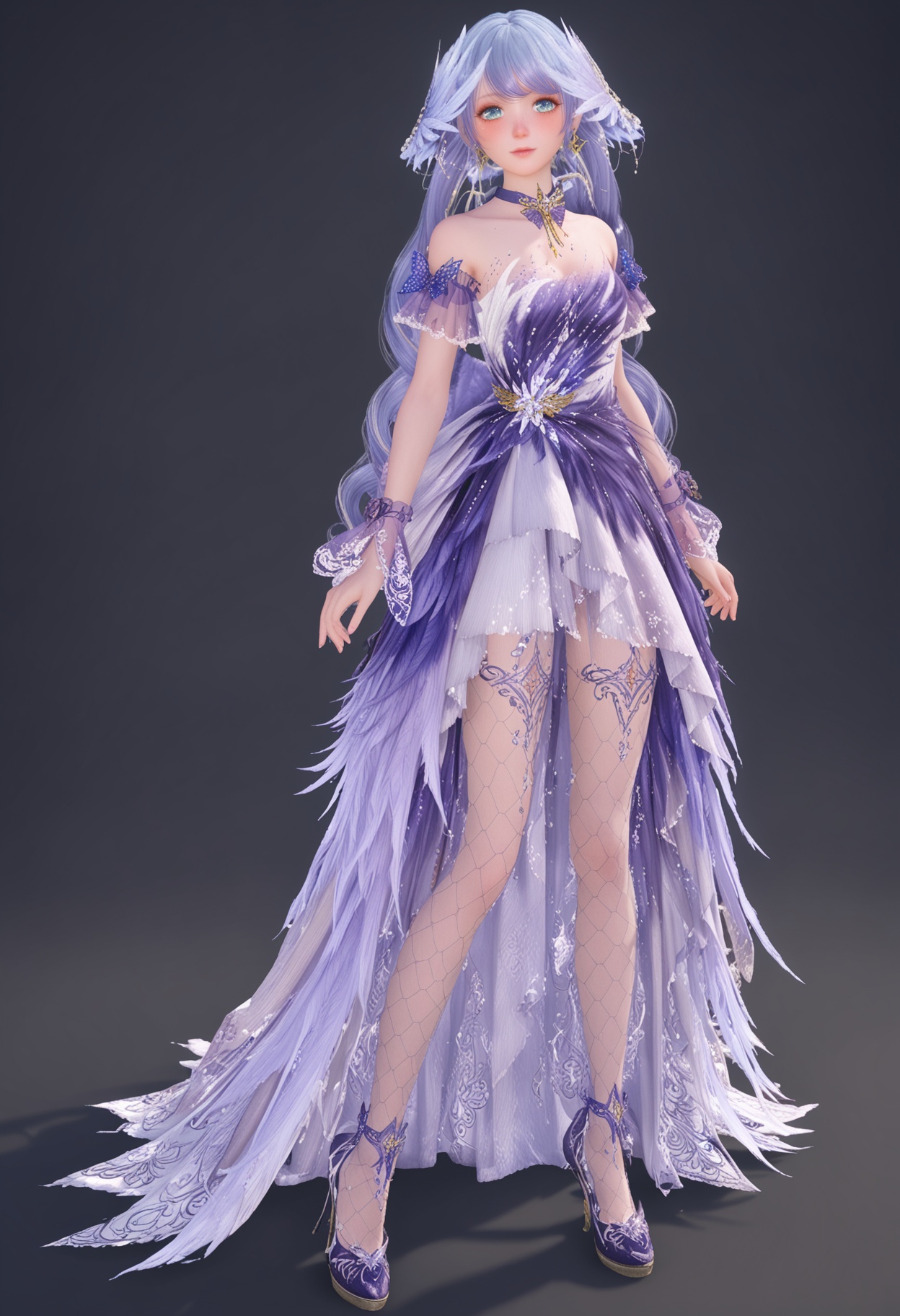(full_body:1.1),(looking at viewer:1.1),facing viewer,direct gaze,<lora:YQ_pony_nuannuan21_chiyubuyu_zhigengniaoranse_V4:0.8>,1girl,solo,long hair,dress,jewelry,earrings,choker,purple dress,blue hair,purple hair,hair ornament,blue eyes,twintails,fishnet pantyhose,high heels,purple choker,see-through,BREAK (white skin:1.1),(fair skin:1.1),(Ivory skin:1.1),(shiny skin),perfect anatomy,(simple background,pure black background,black background:1.1),