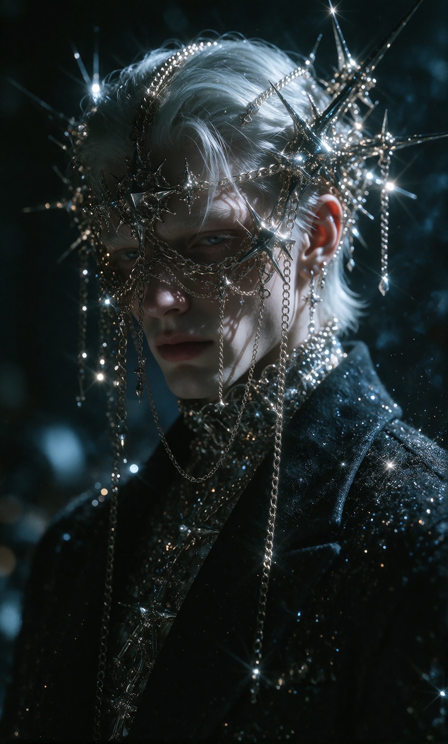 A person with slicked-back,  pale hair stands in a dimly lit environment bathed in cool blue ambient light,  their face pa...