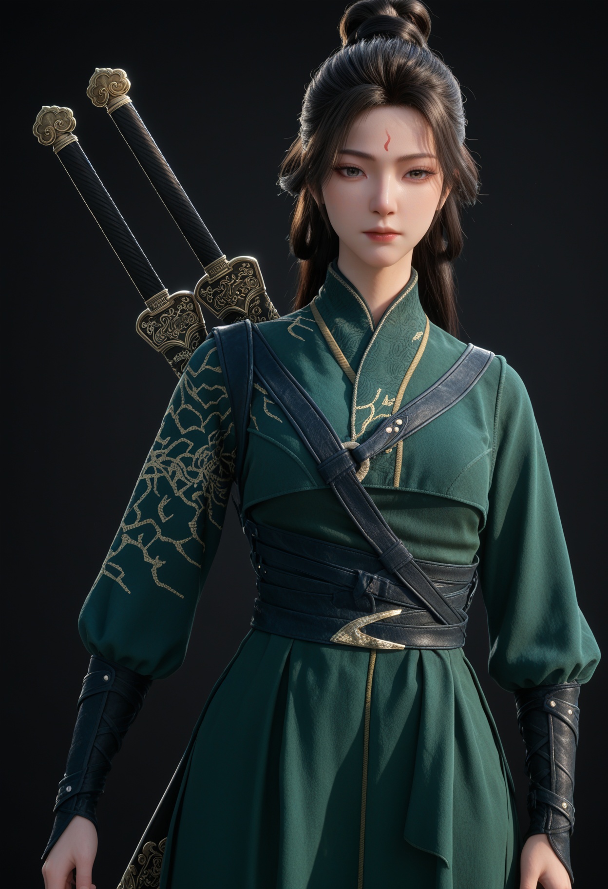 (cowboy shot:1.2),(score_9:1.2),(score_8_up:1.2),(top quality, 8k wallpaper:1.1),(masterpiece:1.1),(best quality:1.2),(intricate details),8k,1girl,facing viewer,(looking at viewer:1.1),<lora:YQ_pony_wentianren_shinv_V4:0.92:lbw=1,1,1,1,1,1,1,1,1,0.8,0.8,0.1>,q1528437228,1girl,solo,black hair,long hair,chinese clothes,forehead mark,weapon,sword,weapon on back,sword on back,long sleeves,hair bun,sword behind back,blue eyes,black eyes,boots,sheath,brown hair,jewelry,brown eyes,black footwear,hair rings,BREAK(score_9:1.2),(score_8_up:1.2),masterpiece,best quality,very aesthetic,perfect anatomy,(hourglass),perfect face,(simple background,pure black background,black background:1.1),fair_skin,(shiny_skin:1.1),Ivory_skin,