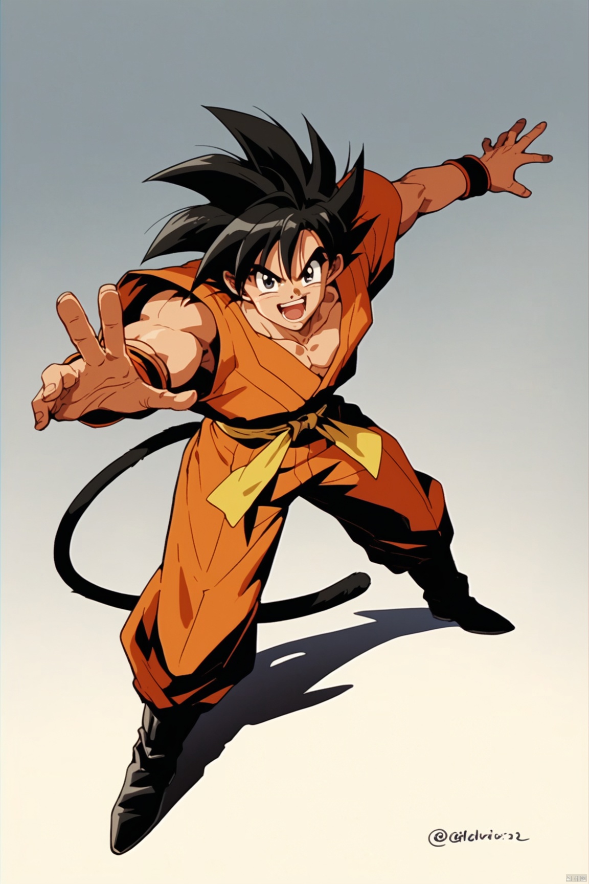 score_9,score_8_up,score_7_up,score_6_up,retro artstyle, 1980s (style), 1boy, male focus, solo, black hair, son goku, monkey tail, dougi, open mouth, wristband, full body, tail, gradient, gradient background, grey background, black eyes, spiked hair, happy, smile, teeth, shadow, :d, simple background, from above, black footwear, watermark, twitter username, fingernails, looking at viewer, pectorals, collarbone, sash, outstretched hand, boots