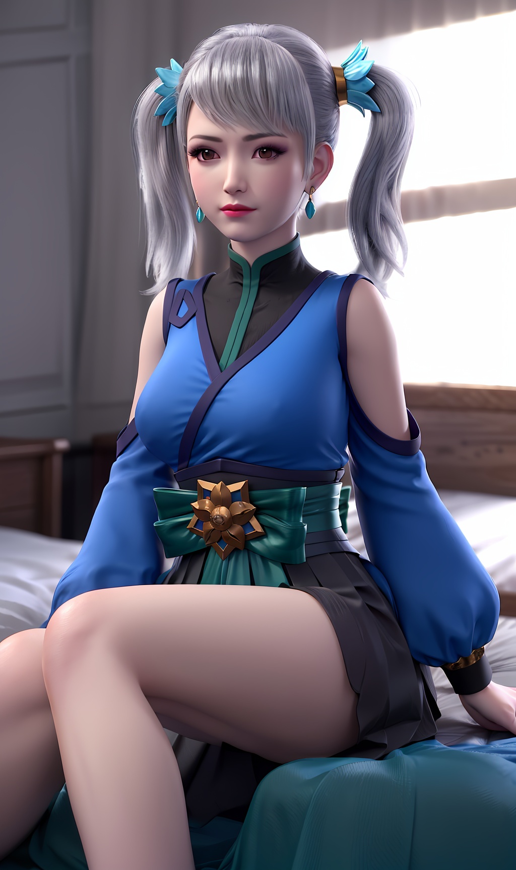 3D,masterpiece,(best quality),(makeup),official art, extremely detailed cg 8k wallpaper,((crystalstexture skin)), (extremely delicate and beautiful),(highly detailed),(face),(double_ponytail),(collar),(1girl), (solo), (jewelry), (earrings),(white_hair),(long_hair),(hair_ornament),(handwear),(sleeve),(breast),((sitting)),((upper_body)),(dress),(shorts_under_skirt),(chinese_clothes),(multicolored_clothes),(multicolored_dress),,(shiny_clothes),(long_legs),(sash),(closed_mouth),(room,bed),((looking_at_viewer)),((Facing the camera)),, <lora:hipoly3DModelLora_v10:0.3>