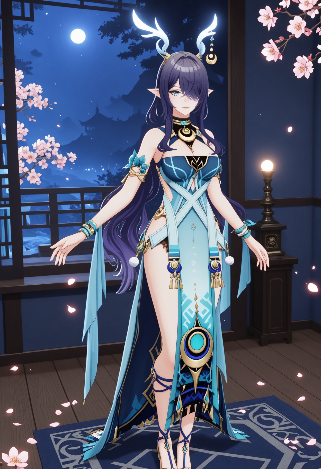 (full_body:1.4),(looking at viewer:1.1),facing viewer,direct gaze,(masterpiece:1.1),(best quality:1.2),(intricate details),(smog:1.3),(Dark room:1.3),(dim lighting:1.3),peach blossom,falling petals,<lora:YQ_Illustrious光辉v5_菈乌玛_V1:0.8>,1girl,solo,long hair,jewelry,pointy ears,dress,earrings,purple hair,horns,black hair,bracelet,blue eyes,blue hair,sandals,hair ornament,crescent,masterpiece,(best quality),(intricate details:0.9) BREAK (intricate details:0.9),(realistic skin:1.2),masterpiece,best quality,newest,absurdres,hiahres,