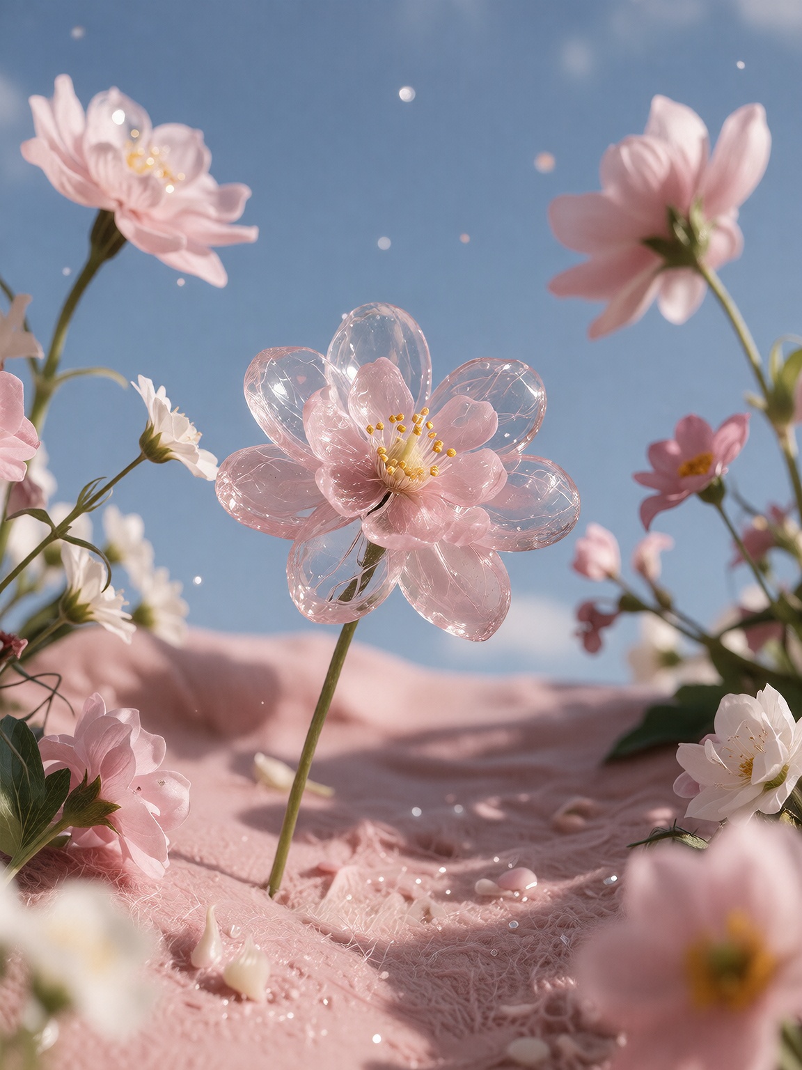 a glass light pink flower floating in the air,  surrounded by other flowers,  pink ground on Tensor.Art