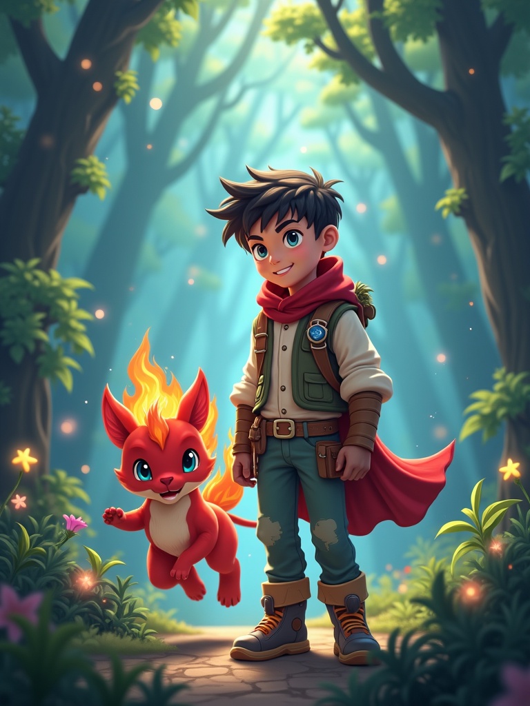 In the mysterious world, young Azeri, dressed in a light adventure suit, stands firmly in a fantasy forest, with the camera facing his energetic face. Beside him, a magical creature named Xiaoyan is jumping brightly. Xiaoyan is red all over, with a flame-**** mane, and his majestic appearance is not inferior to the majestic little beast. The strange plants around them swayed gently in the breeze, some emitting soft blue light, others flashing colorful light. Not far away, a river gurgling with mysterious runes, ripples seem to tell an ancient story. Azeri held the magic badge in his hand tightly. It was the key prop to unlock the secrets of the other world. He and Xiaoyan's eyes met, and their eyes revealed their desire to explore the unknown. The next second, they were about to embark on a challenging adventure to uncover the hidden mystery of this different world.