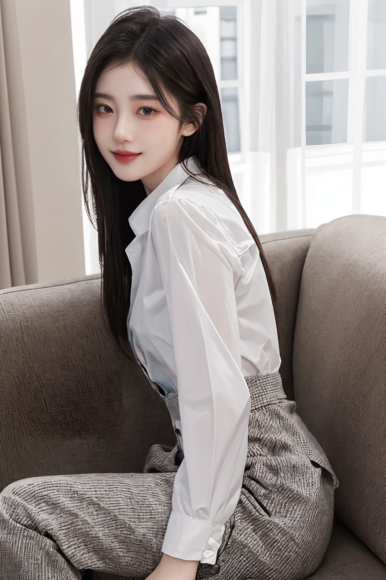 1girl, asian, black hair, brown eyes, buttons, couch, curtains, dress shirt, indoors, lips, looking at viewer, pants, realistic, shirt, sitting, smile, solo<lora:绘画美女1.0:0.66>