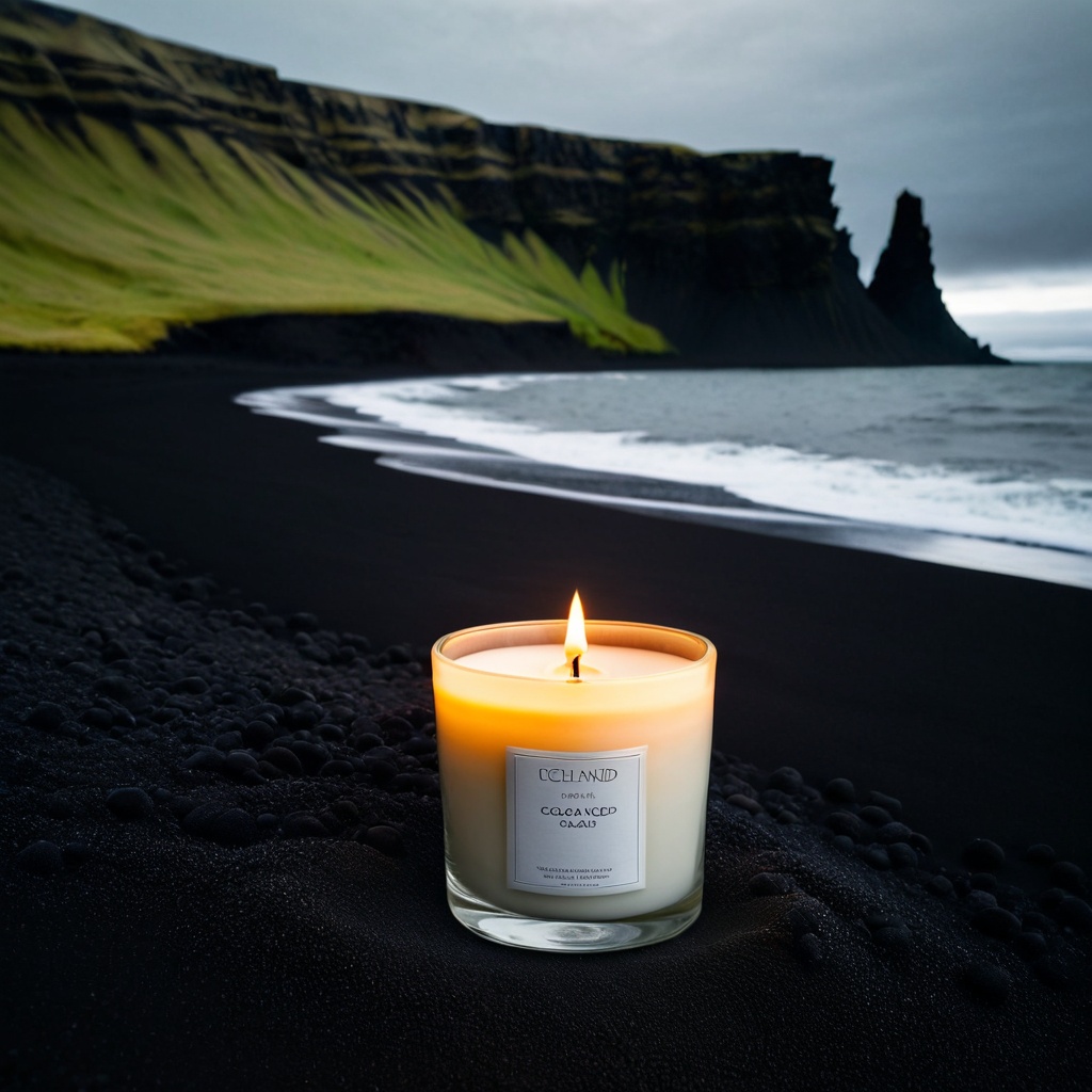 sceneicelablack,  a scented candle,  Icelandic black sand coast on Tensor.Art