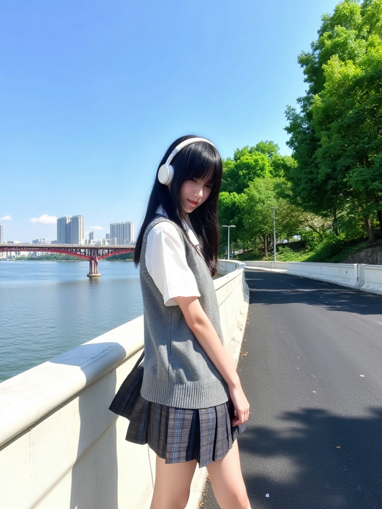 This photograph features a young woman standing on a white, curved pedestrian bridge with a black asphalt surface. She has long, straight black hair with bangs covering her forehead and wears large white headphones over her ears. Her attire consists of a white short-sleeve shirt underneath a gray sleeveless sweater vest, paired with a pleated gray and black plaid skirt. She has a fair skin tone and is looking slightly over her right shoulder towards the camera with a neutral expression. Her right hand is resting on her left arm, and she stands slightly turned to the left.In the background, a wide river with calm, reflective water spans across the image, with a red bridge with white railings visible on the left side. Beyond the river, an urban skyline with several modern high-rise buildings can be seen under a clear, bright blue sky. On the right side of the image, lush green trees line the riverbank, adding a touch of nature to the urban setting. The shadows of the bridge and the woman are cast on the asphalt, indicating the photograph was taken in bright sunlight. The overall composition blends urban and natural elements with a focus on the solitary figure.