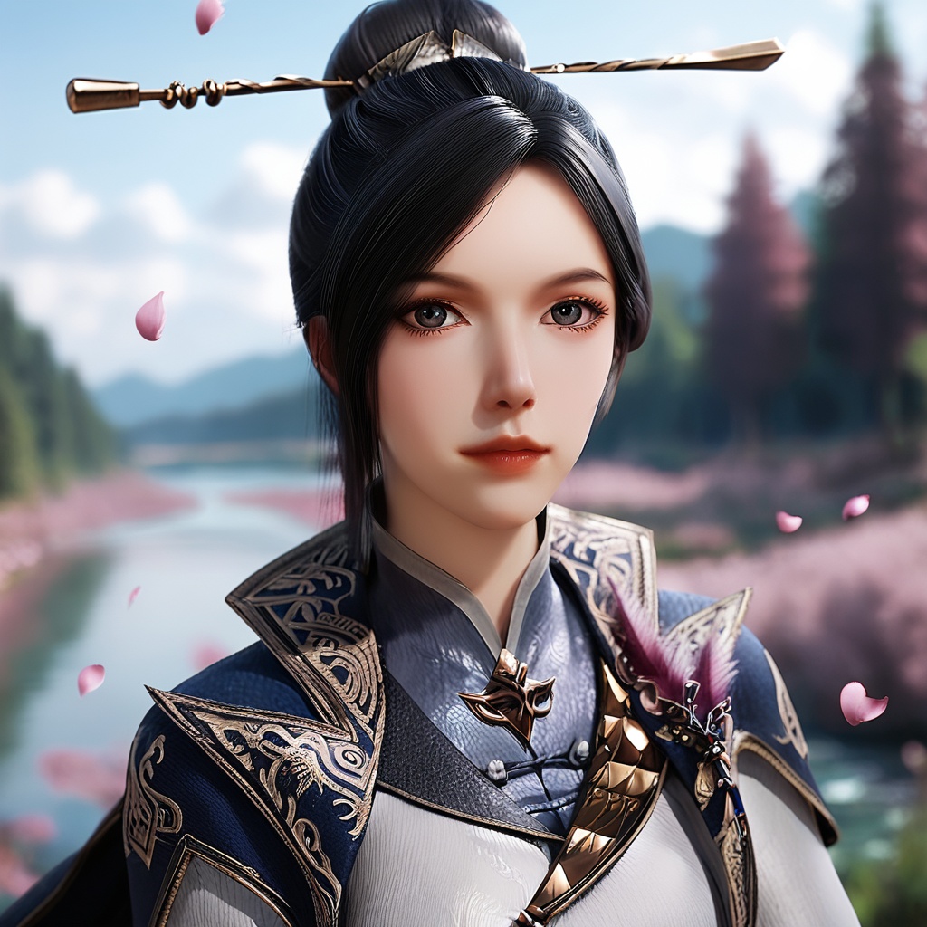 score_9_up,score_8_up,score_7_up,score_realistic,photograph,(upper body),looking at viewer,1girl,solo focus,single hair bun,hair ornament,hair pins,hair stick,high collar chinese clothes,blue cape,outdoors,day,sky,river,forest,(falling petals),falling petals,soft_focus,blurry background,depth of field,foreshortening,<lora:斗罗大陆2-周漪【Pony】-11:0.85>,<lora:眼部细节增强【Pony】:0.65>,<lora:Stable_Yogis_PDXL_Positives:1>,