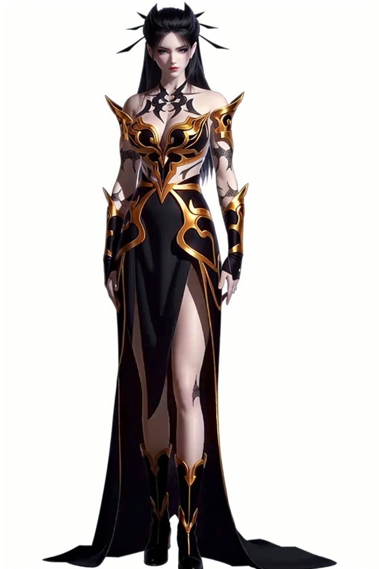 ((HRD, HUD, 8K)),((masterpiece, best quality)), highly detailed,1girl, solo, long hair, black hair, hair ornament, hair stick, black eyes, lips, red lips,tattoo, breasts, cleavage, dress, bare shoulders, armor, boots, simple background, white background, full body, long legs, standing, looking at viewer,  <lora:20240516-1715819702586:0.72>
