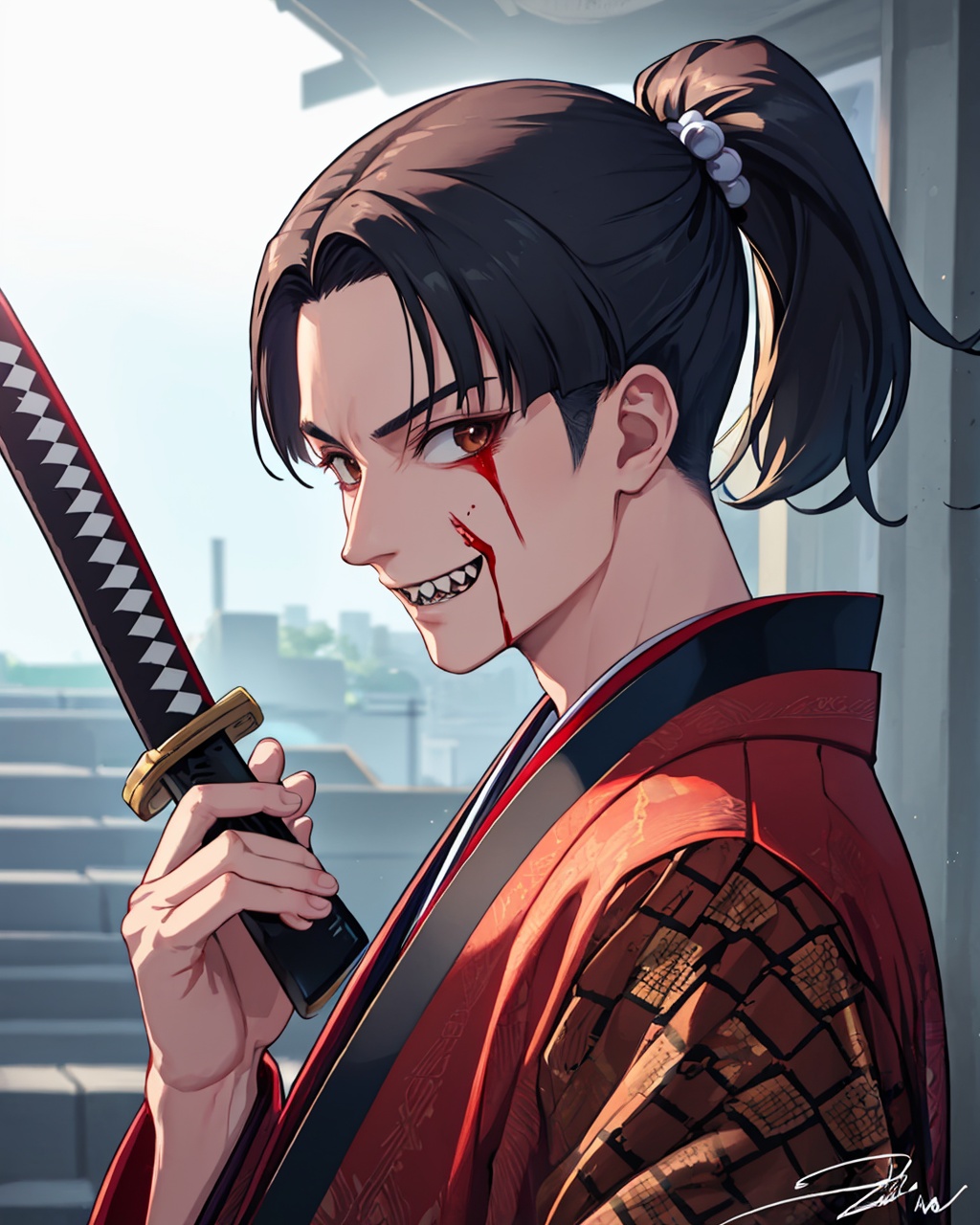 masterpiece,best quality, highly detailed, majima goro, male focus, 1boy, solo, blood on face, katana, blood on weapon, holding sword, grin, beads, upper body, looking at viewer, kimono, ponytail, signature, sharp teeth, necklace, blood on clothes,<lora:majima_goro:1>