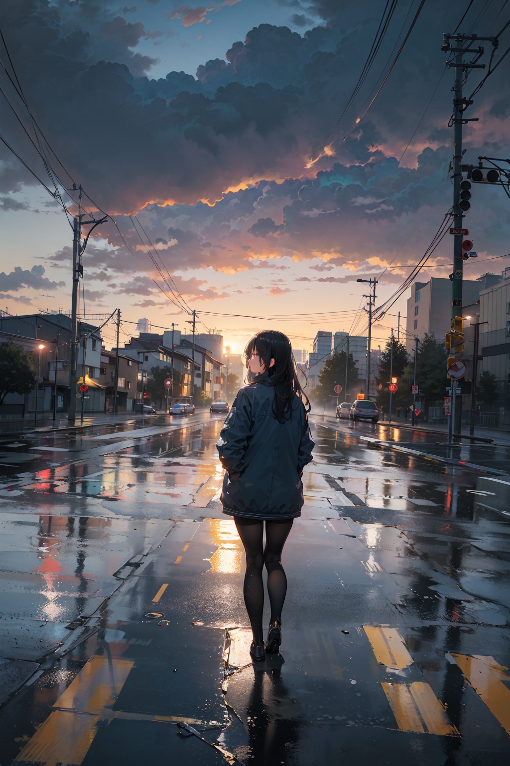 masterpiece,best quality,(ray tracing, cinematic lighting),ex-light,(central composition, Centered Composition and Symmetry:0.6),(back to camera:1.3),backlight,1girl,((solo)),black long hair,messy hair,jacket,pantyhose,rainy day,Cumulonimbus Cloud,(put hands in pockets),(outdoors, rain, sky, deserted streets, watered-down pavements, crossroad, fork in the road),tall buildings,bell towers,glass,reflections,streetlights,sunset,Tyndall Effect,