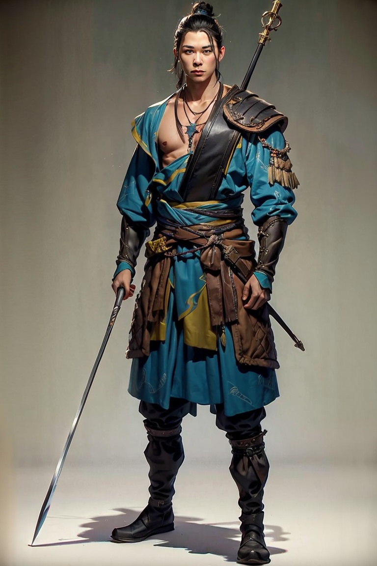 JYGL 1boy arrow \(projectile\) black hair boots bow \(weapon\) full body jewelry male focus necklace solo standing sword weapon,<lora:金庸古龙20240110-1704831963137-0010:0.8>,