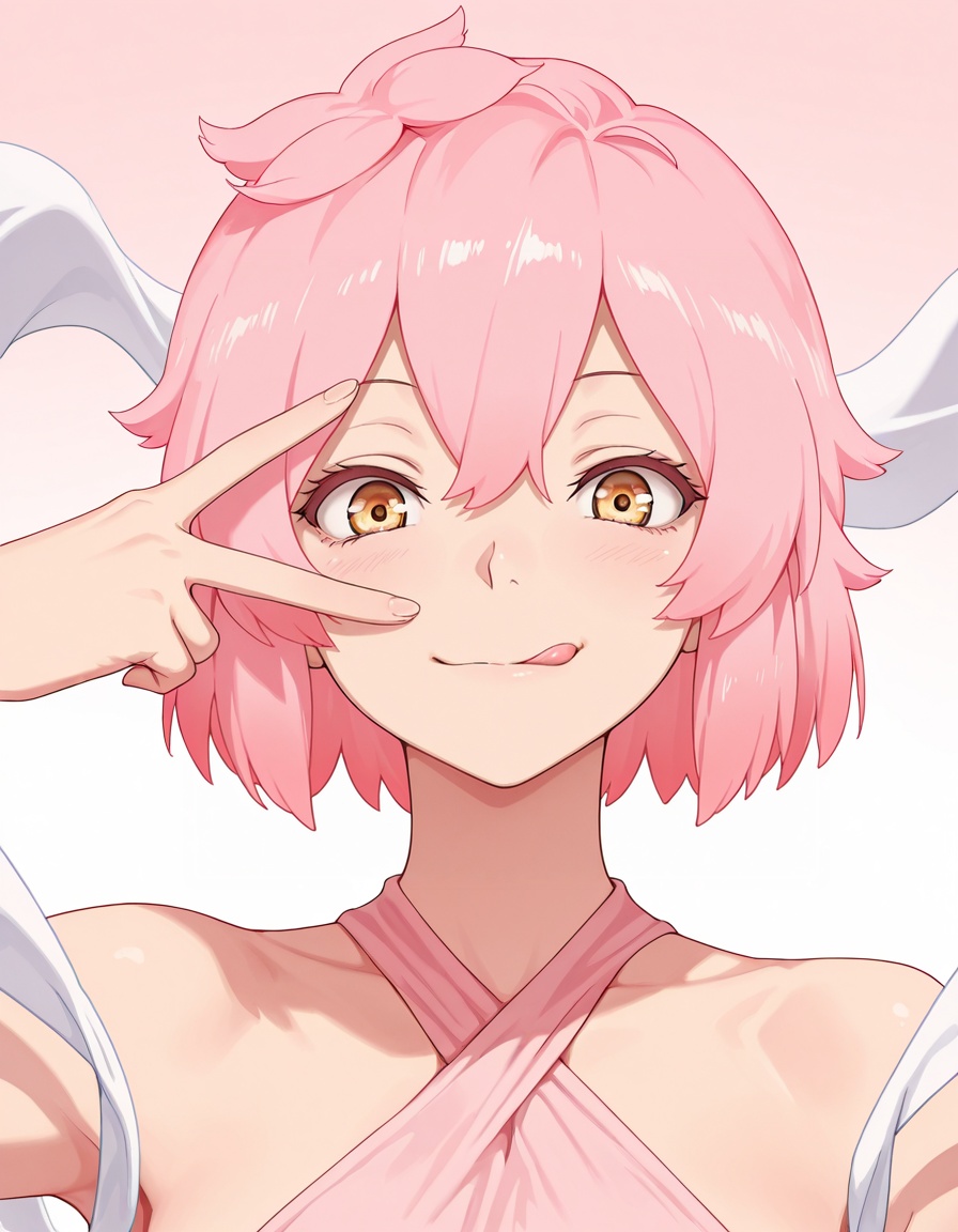 masterpiece, best quality, amazing quality, gradient background,1girl, looking at viewer, solo, upper body, portrait, straight-on, licking lips, smile, v over eye, <lora:tao_fa-jigokuraku_s2-ixl-anime-soralz:1>, tao fa (jigokuraku), short hair, pink hair, fluffy hair, hair between eyes, yellow eyes,hagoromo, pink bikini