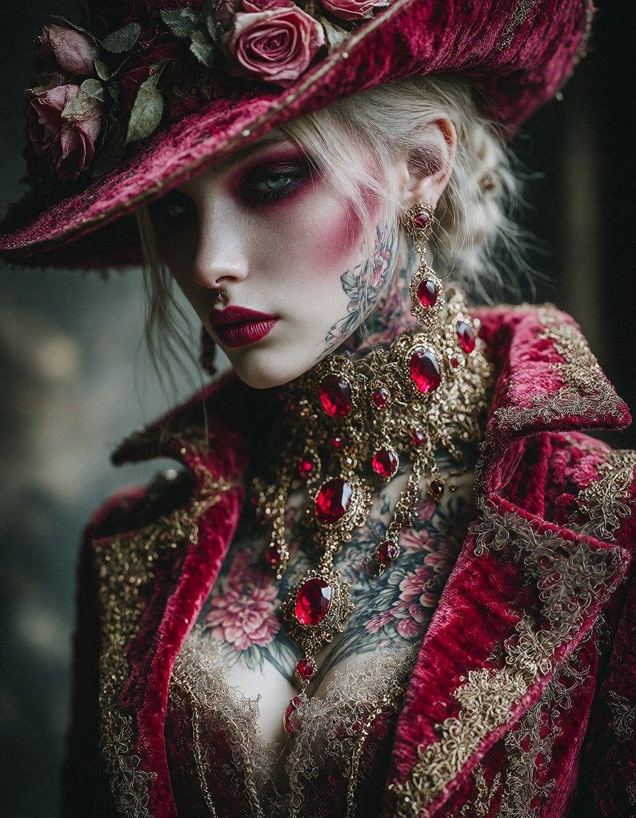 Hyper-realistic cinematic portrait of a pale woman with blonde hair,  wearing an opulent Victorian-gothic ensemble in deep...