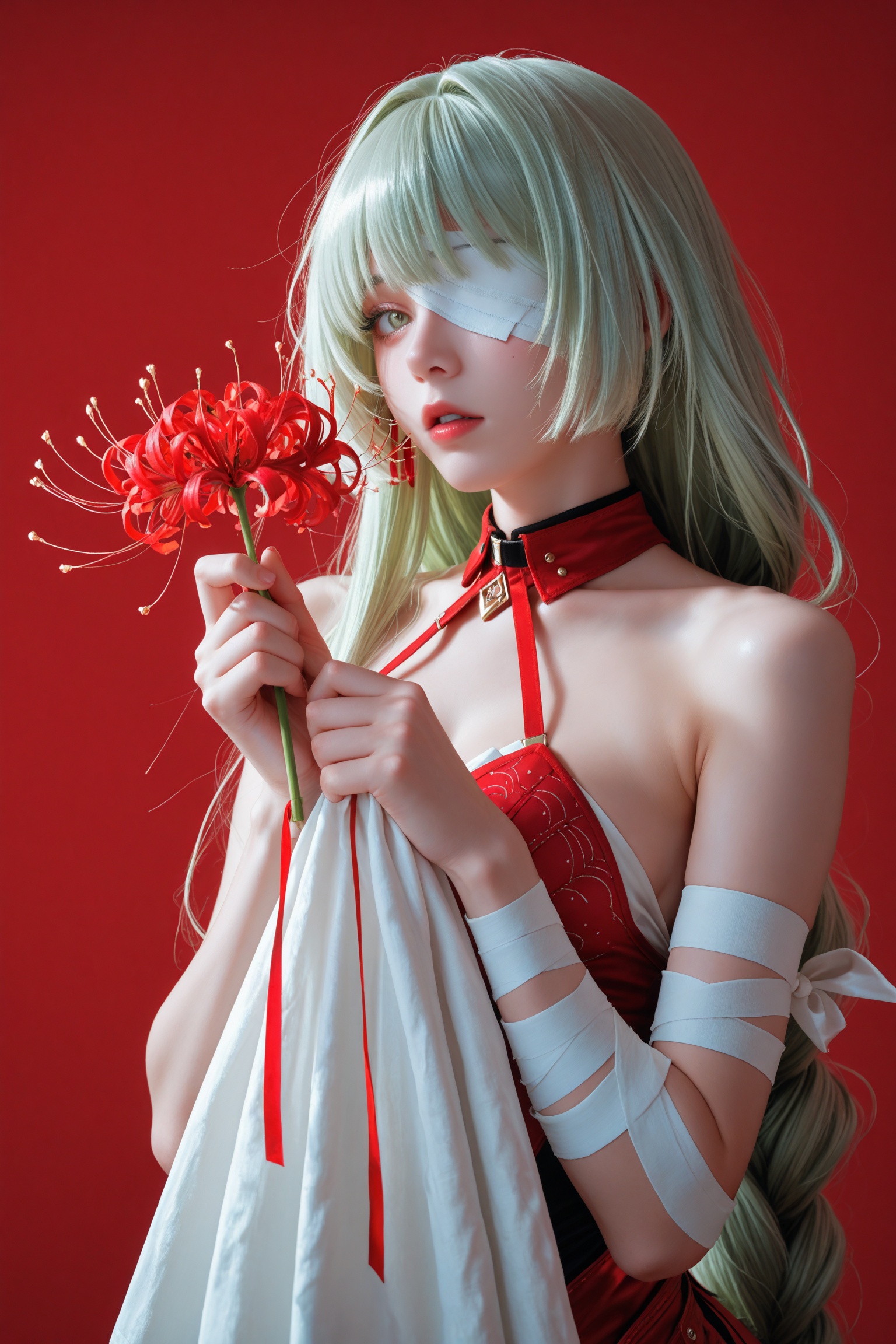 masterpiece,best quality,8k,phrolova\(wuthering waves\),Yoneyama Mai,1girl,half-length,solo,long hair,looking at viewer,simple background,holding,ribbon,very long hair,upper body,braids,flowers,parted lips,red ribbon,light green eyes,head tilted,light green hair,bandage,red flower,holding flower and sheet,plain red background,one eye covered,bandaged arm,spider lily,bandage on one eye,(artist:betabeet:1.2),artist:john_kafka,artist:nixeu,artist:quasarcake,