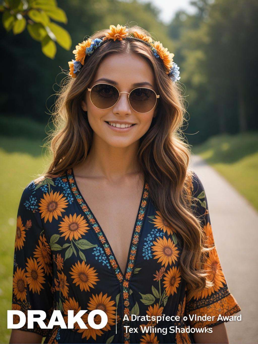 (movie poster with title and text graphics:1.3) (under the title banner text logo "D\R\A\K\O":1.5), (masterpiece award winning) RAW analog photo (70s) hippie woman wear floral print dress (intricate details:1.1) Fujifilm XT3 (film grain) smiling sunglasses (soft natural lighting) (best quality) (dark shadows) (bokeh) (dof:1.2) (sharp focus:1.3) (detailed skin:1.2) (8k) (uhd) (hdr) (dslr) (absurdres), BREAK , BREAK