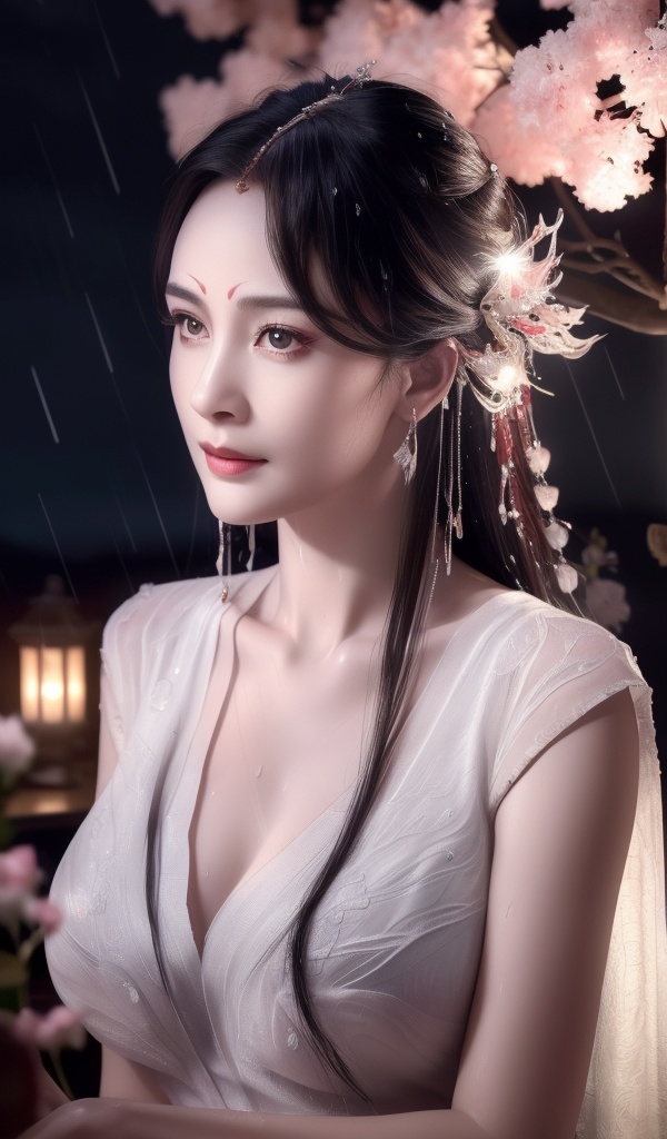 <lora:601-DA-狐妖小红娘-涂山红红:0.8>(,1girl, ,best quality, ),looking at viewer, ,ultra detailed 8k cg, ultra detailed background,  ultra realistic 8k cg,          cinematic lighting, cinematic bloom, (( , )),,  , unreal, science fiction,  luxury, jewelry, diamond, pearl, gem, sapphire, ruby, emerald, intricate detail, delicate pattern, charming, alluring, seductive, erotic, enchanting, hair ornament, necklace, earrings, bracelet, armlet,halo,masterpiece, (( , )),,  ,cherry blossoms,(((, night,night sky,,  ultra high res, (photorealistic:1.4), raw photo, 1girl, , rain, sweat, ,wet, )))(( , ))   (cleavage), (),