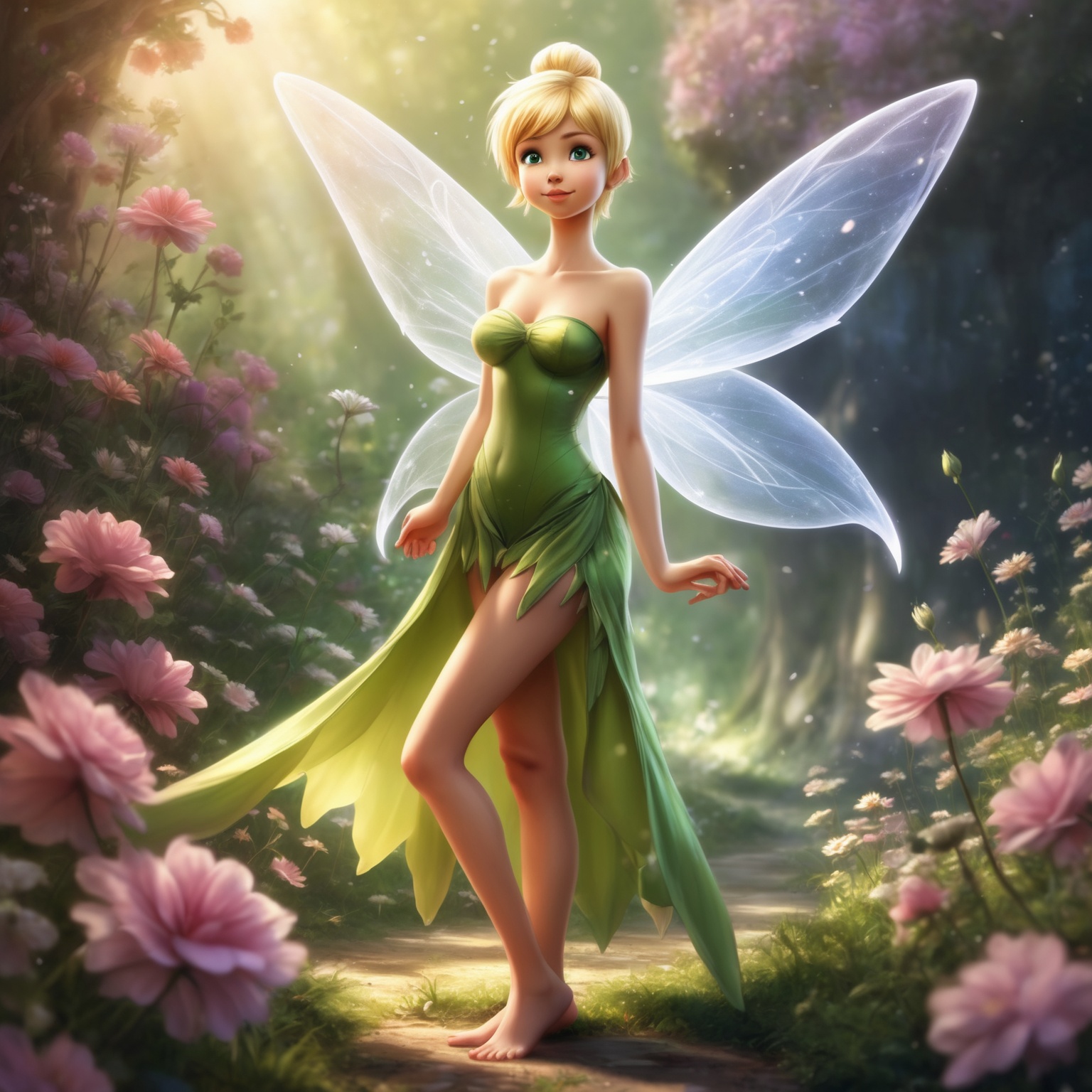 A realistic anime art rendered style of a beautiful full-body perfect hourglass figure Tinkerbell,  wearing a strapless dr...