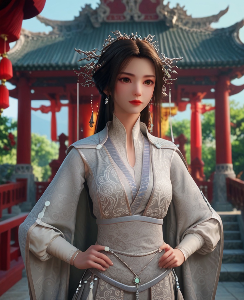 (oriental architecture, elegant decor, sophisticated style:1.1),(hands on hips:1.1),(breasts:1.2),<lora:XL修罗武神苏柔:0.95>,miss surou,chinese clothes,cape,sash,long sleeves,hair bun,brown eyes,black hair,long hair,hair ornament,jewelry,tassel,, score_9,score_8_up,score_7_up,score_6_up,score_5_up,score_4_up,3d rendering,tag1,tag2, Cinematic Lighting,backlighting,