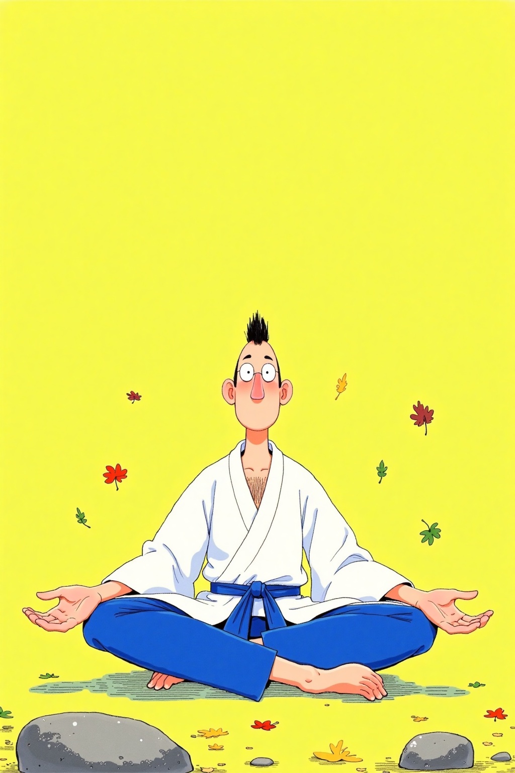 beijihui,Captured from a cartoon drawing,a man in a white kimono and blue pants is sitting on the ground with his hands outstretched. He has a mohawk on his head,and a pair of glasses on his eyes. The background is a bright yellow,and there are a few leaves floating in the air around him. There are two gray rocks in the bottom left corner of the frame.,