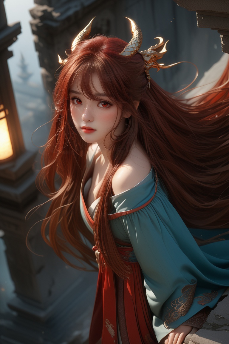 close-up,facial detail,very charming eyes,shining the light,cinematic,masterpiece,best quality,best quality,Amazing,finely detail,Depth of field,extremely detailed CG unity 8k wallpaper,masterpiece,full body,floating hair,light shafts,soft focus,character focus,disheveled hair,long bangs,looking at viewer,Long hair,red hair,red eyes,1girl,red hanfu,off shoulder,feeling of ruins,dragon,broken details,dragon_horns,<lora:XLChinese wasteland-000009:1>,