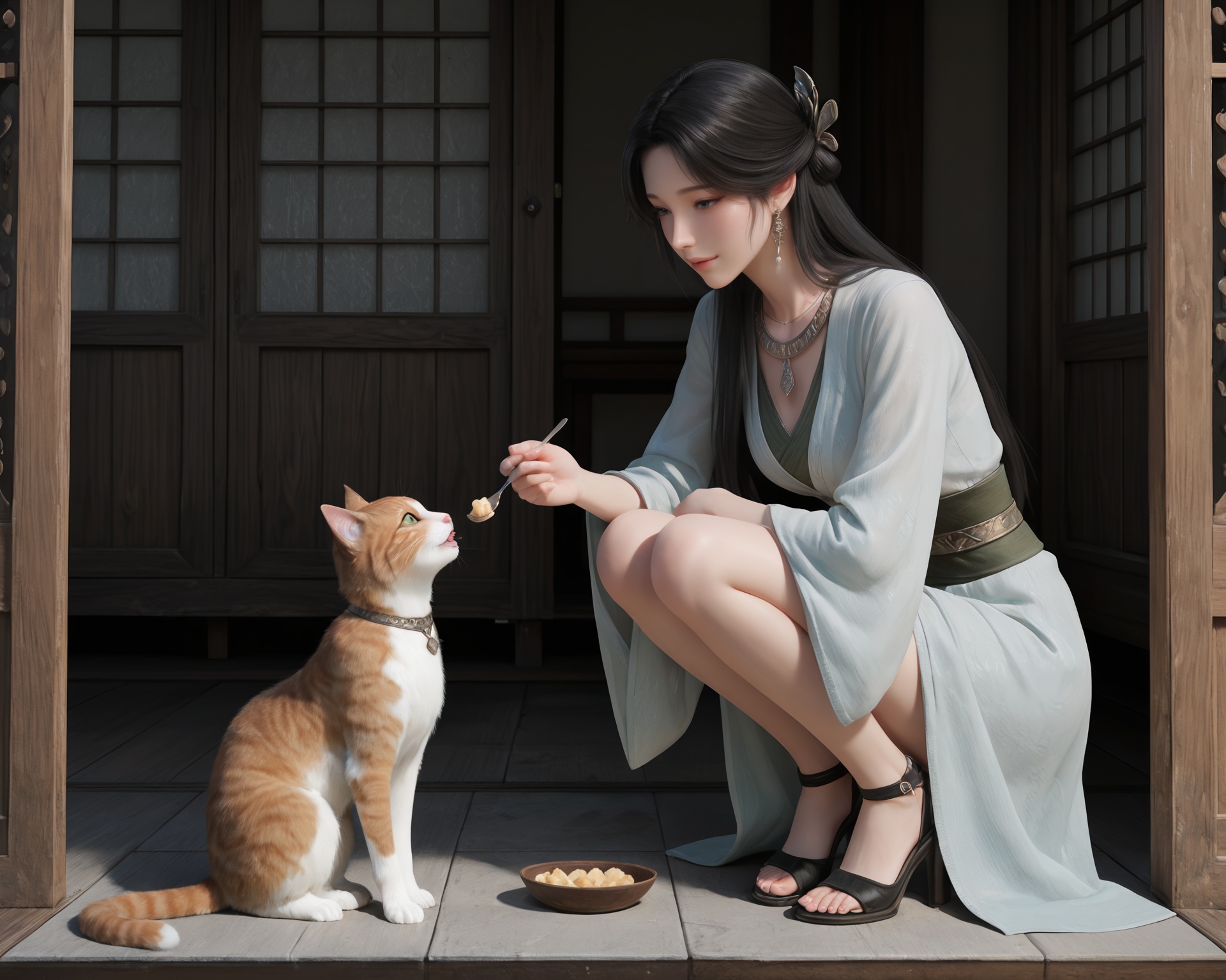 masterpiece,best quality,realistic,from_45°,<lora:illustrious-梅凝-v1.6:0.65>,1girl,meining,black hair,long hair,jewelry,hair ornament,earrings,necklace,hanfu,strappy heels,light smile,squatting,feeding,cat,