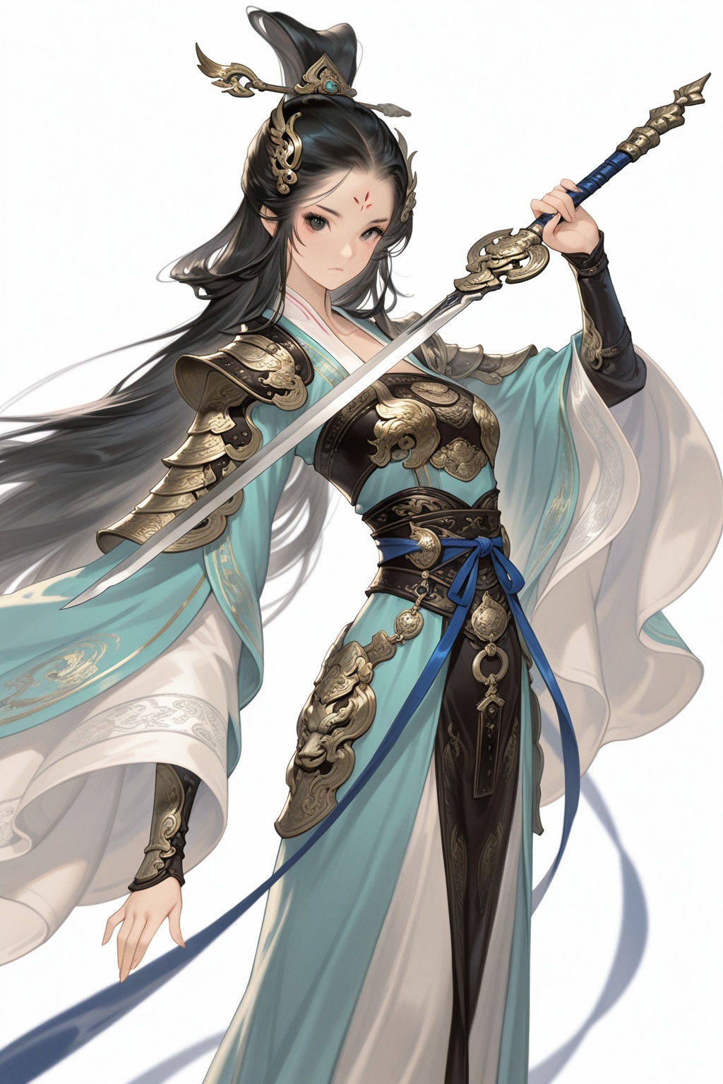 asian inspire,realstic,masterpiece,best quality,8K,ultra-high resolution,asian inspire,1girl,female focus,solo,hanfu,long hair,chinese clothes,weapon,black hair,sword,holding,white background,forehead mark,long sleeves,facial mark,simple background,closed mouth,wide sleeves,holding weapon,holding sword,armor,hair ornament,sash,looking at viewer,standing,very long hair,artistic style,digital illustration,fantasy genre,warrior attire,Asian inspired,dynamic pose,character armor,