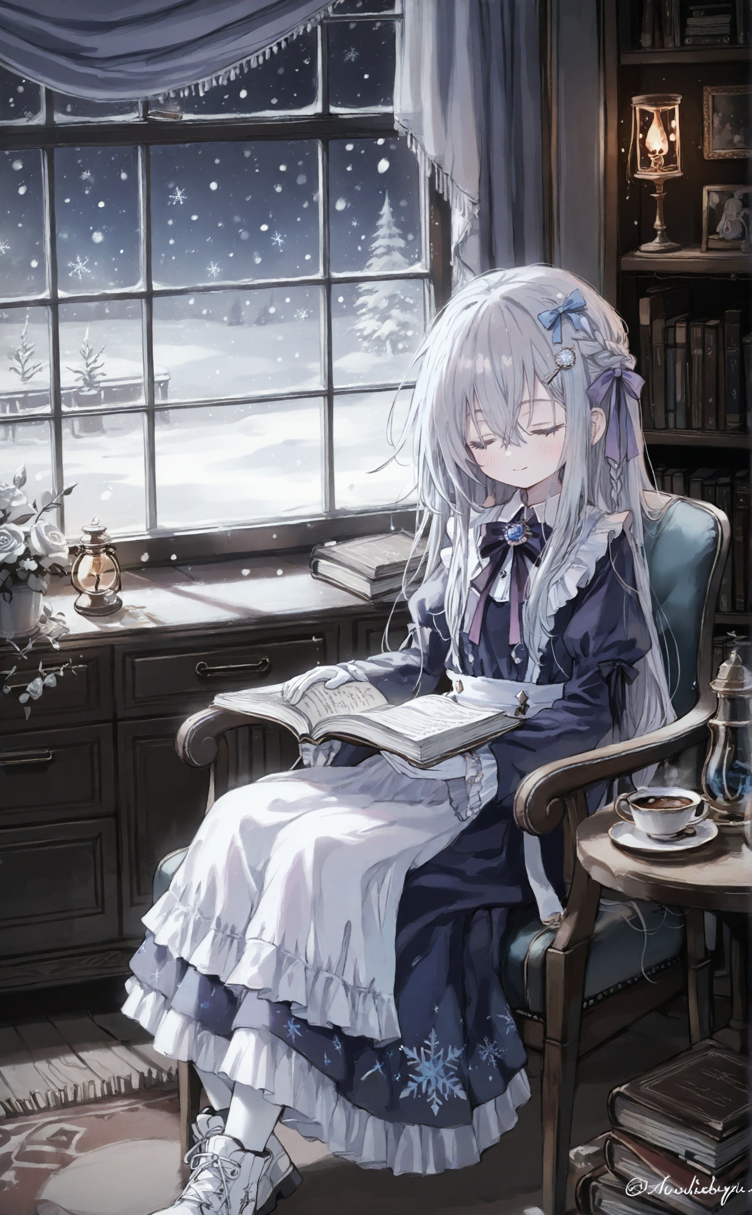 masterpiece,absurdres,best quality,loli,petite,high quality,chromatic_aberration,//,1girl, fireplace, book, candle, white flower, long hair, flower, fire, candlestand, snow, window, dress, white rose, phonograph, white footwear, solo, armchair, sitting, rose, long sleeves, puffy sleeves, closed eyes, chair, indoors, vase, juliet sleeves, frills, cup, open book, white hair, apron, teacup, bow, snowing, watermark, curtains, hair bow, closed mouth, frilled dress, white apron, saucer, on chair, winter, teapot, night, very long hair, book stack, smile, boots, puffy long sleeves, ribbon, burning, sleeping upright, grey hair, holding, sample watermark, dutch angle, table, plant, frilled apron, white dress, braid, blue dress, chest of drawers, black bow, rug, artist name, sleeping, cabinet, lamp, hair ornament, clock, snowflakes, blue bow, blush, purple bow, frilled sleeves, facing viewer, hair ribbon, bookshelf, drawer, carpet, purple ribbon, hair flower, shoes, neck ribbon, black dress, sidelocks, holding saucer, long dress, signature, hair between eyes, collared dress, black ribbon, twitter username, potted plant, holding book, hourglass, white gloves, lolita fashion, gloves, desk, lantern, artist logo, tea, layered sleeves, snowman, bowtie, puffy short sleeves, white pantyhose, maid, layered dress, plaid, reading, bookmark, eyebrows hidden by hair, feet out of frame, desk lamp, pantyhose, purple dress, tree, open window, ice, light smile, shirt, picture frame, holding cup, plate<lora:Nano_渡コキュー:0.8>,