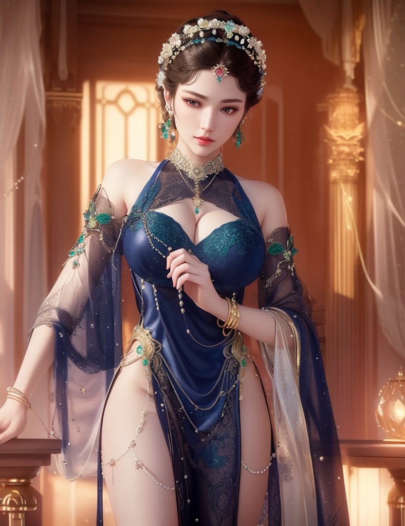 ultra realistic 8k cg, picture-perfect face, flawless, clean, masterpiece, professional artwork, famous artwork, cinematic lighting, cinematic bloom, perfect face, beautiful face, fantasy, dreamlike, unreal, science fiction,  beautiful clothes, lace, lace trim, lace-trimmed legwear,  (rich:1.4), prestige, luxury, jewelry, diamond, gold, pearl, gem, sapphire, ruby, emerald, intricate detail, delicate pattern, charming, alluring, seductive, erotic, enchanting, hair ornament, necklace, earrings, bracelet, armlet,halo((,1girl, pov,))(((,  1girl,  solo,looking at viewer, ))),(((1girl, solo, dress, jewelry,large breasts, )))<lora:DA_WhiteSnakeGreenSnake:0.7>