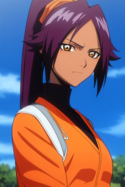 1girl,blue sky,closed mouth,cloud,day,frown,long hair,looking at viewer,orange dress,orange jacket,orange shirt,outdoors,purple hair,serious,shihouin yoruichi,sky,solo,turtleneck,upper body,,<lora:e72fa9c0be4c721e34693c8723c947713514ea9d90376062800ebc592aefb552:0.7>