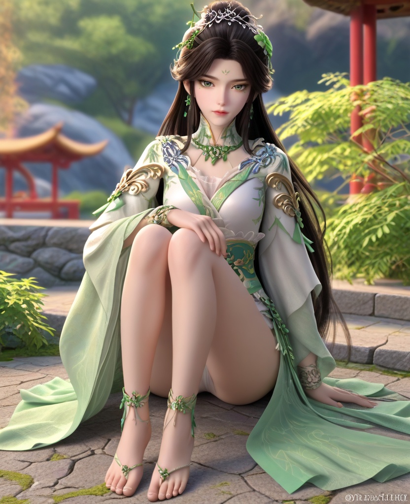 (oriental architecture, elegant decor, sophisticated style:1.1),(Sitting, on the ground, hugging knees to the chest,:1.1),(breasts:1.2),<lora:XL16叶罗丽青梧仙子:0.95>,miss qingwu,white tiered gown,green eyes,facial mark,eye foils,black hair,half-up crown with long cascading hair,hair ornament,very long hair,jewelry,green shawl,sash,anklet lace,, score_9,score_8_up,score_7_up,score_6_up,score_5_up,score_4_up,3d rendering,tag1,tag2, Cinematic Lighting,backlighting,