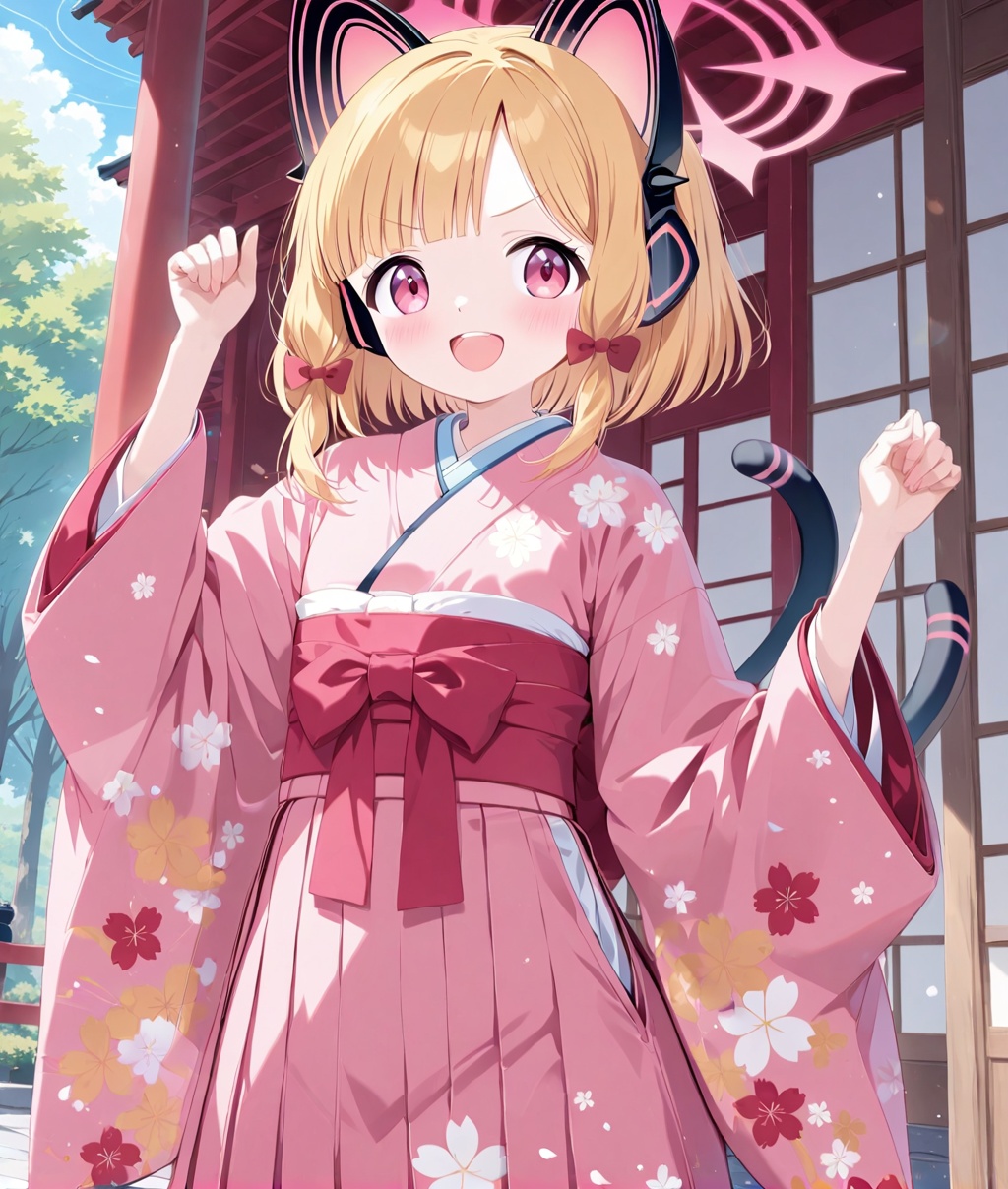 O,1girl,solo,momoi (blue archive),animal ear headphones,animal ears,halo,japanese clothes,fake animal ears,bow,cat ear headphones,blonde hair,headphones,kimono,hair bow,wide sleeves,smile,tail,skirt,looking at viewer,hakama,pink kimono,day,red bow,long sleeves,bangs,v-shaped eyebrows,:d,tree,hakama skirt,blush,outdoors,open mouth,floral print,red eyes,sash,cloud,upper teeth only,obi,cat ears,sky,standing,cat tail,pink eyes,blue sky,short hair,teeth,print kimono,
