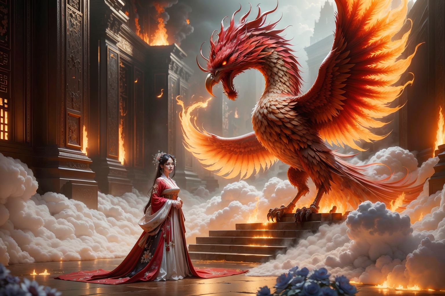 (Masterpiece), (Best Quality), (Super Detailed), 1 girl standing in front of the phoenix, solo. Dress, Chinese clothing, blooming valley, phoenix, flames emanating from the phoenix's body. In the sky, clouds float like marshmallows. High quality fantasy art, surrounded by blooming flowers. Contrast, extraordinary aesthetics, the best quality, magnificent artworks, (illustrations), extremely exquisite and beautiful, Tindell effect, Greg Rutkowski and Midtravel's ultra fine, complex, and realistic paintings. Popular digital art masterpieces on DeviantArt and Artstation.