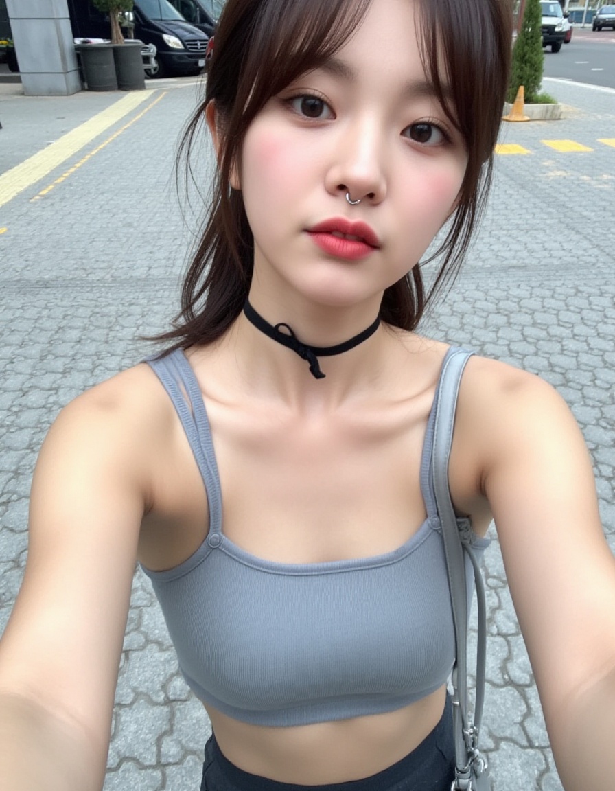 This is a high-resolution photograph of a young woman,likely in her early teenage years,standing outdoors on a paved surface,possibly a parking lot or a plaza. She has fair skin,dark brown hair styled in a loose,side-parted ponytail with bangs framing her face. Her facial features are delicate,with a small nose and full lips,and she has a silver nose ring and a small silver hoop earring in her left ear. She is wearing a tight,light grey crop top that accentuates her large-sized breasts,and high-waisted,dark grey shorts. A black choker with thin black ribbons drapes around her neck,adding a touch of edginess to her outfit. A silver crossbody bag is slung over her right shoulder,and she holds a phone in her left hand,taking a selfie. The background shows a few parked cars and a yellow traffic cone,suggesting a public or semi-public space. The ground is composed of small,square grey pavers,and the overall lighting is natural,indicating it is daytime. The image has a casual,candid feel,capturing a moment of everyday life.,