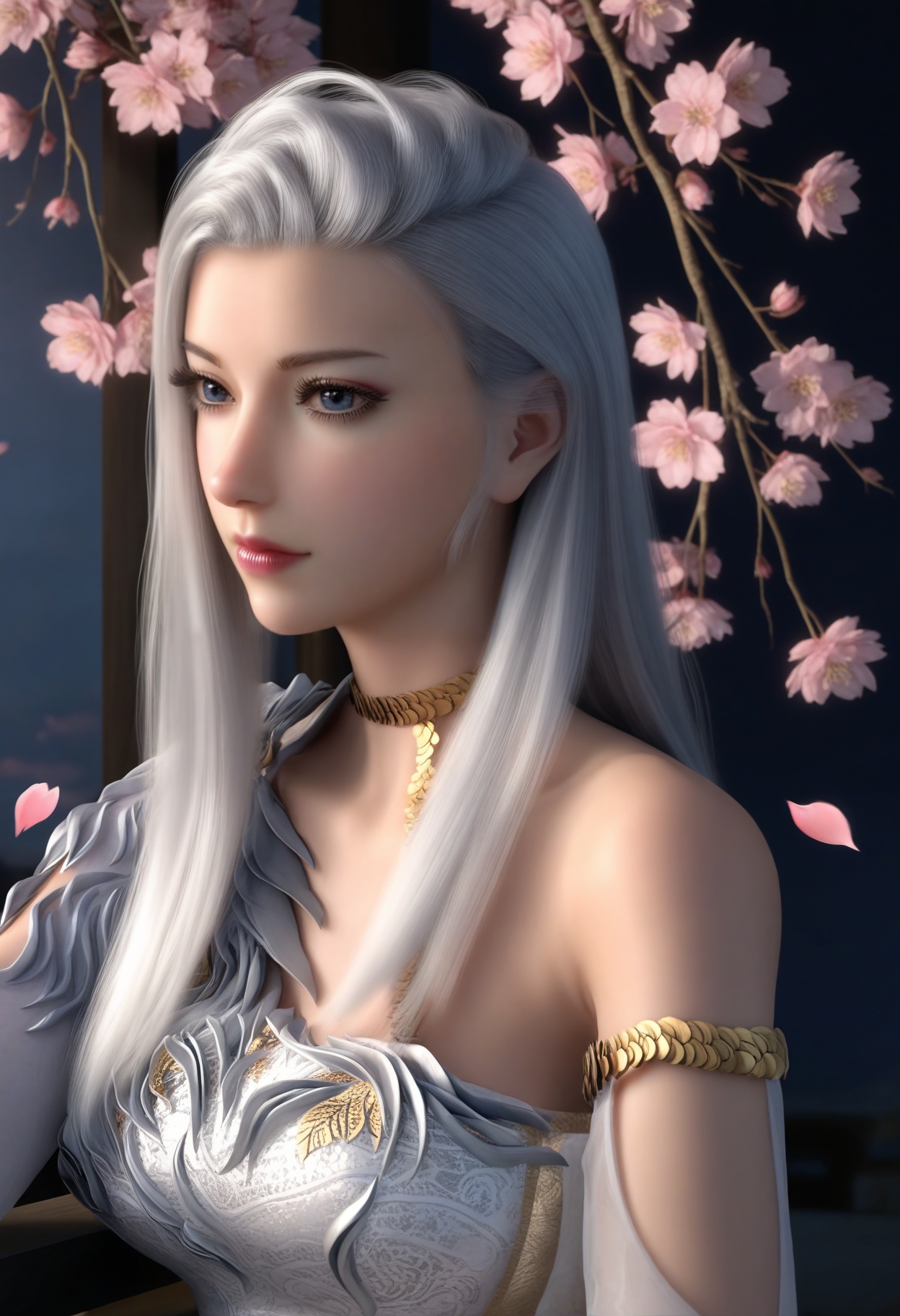 masterpiece,best quality,amazing quality,very aesthetic,high resolution,ultra-detailed,absurdres,scenery,photorealistic,(looking at viewer:1.1),upper body,(Dark room:1.3),(moody lighting:1.1),peach blossom,falling petals,(large breasts:0.8),hexi,1girl,solo,long hair,silver hair,realistic,lips,blue eyes,dress,makeup,closed mouth,flower,white dress,jewelry,choker,eyelashes,high heels BREAK photorealistic details,<lora:QQSillhexiV1:0.8>,