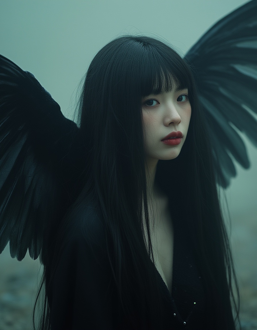 realistic portrait,film style,upper body,Aesthetics of material mourning,illusory and ethereal fairy with black wings,Gothic clothing,the background is the sacred symbol of ideal beauty that is about to disappear,translucent petals drifting with the wind,fluorescent raindrops like broken shadows,a little cold tone,natural hiding color method,complementary color coloring,hazy soft color,warm and glossy,frame composition,like dream,mystery,aestheticism,