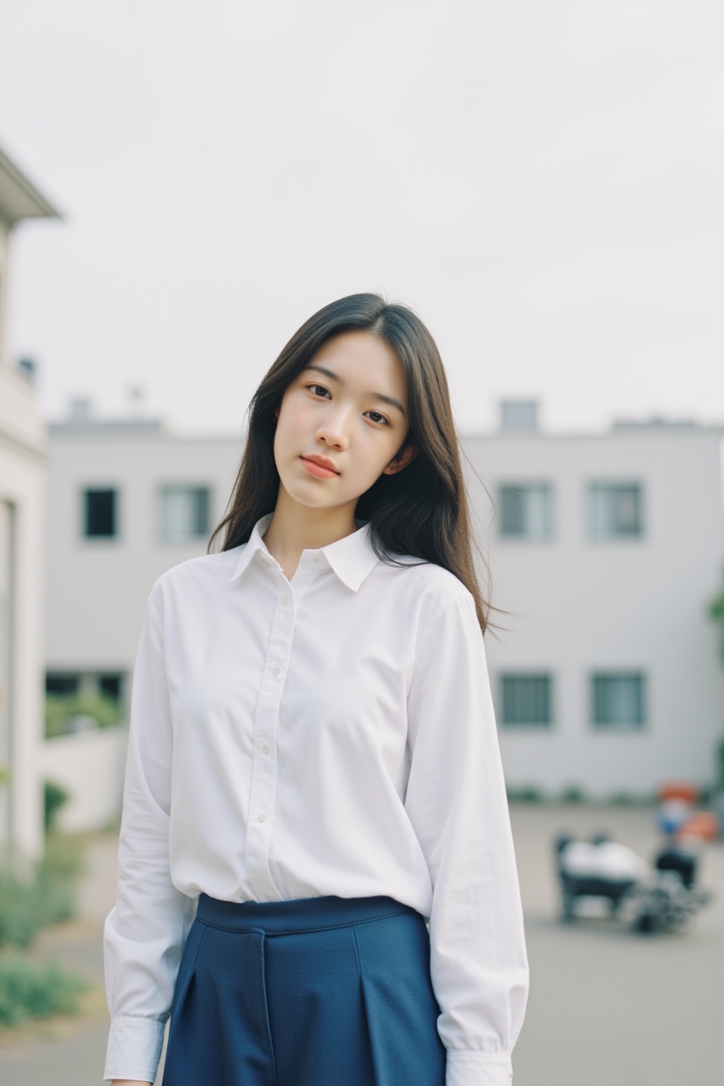 Fuji camera filter,Film photography,Color Film,Fujifilm Fujicolor 400H,film photo,Polaroid style,1girl,outdoors,shirt,long hair,solo,white shirt,skirt,building,day,