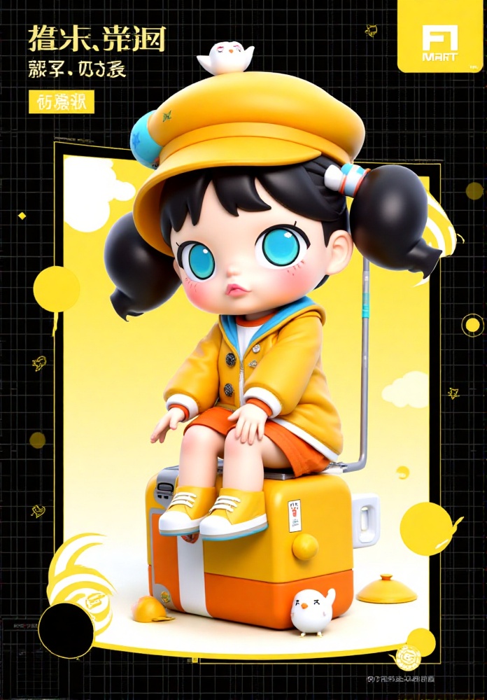 F1PopMart,F1FootMeiJia,F1PomaRuass,F1EUGispy,F1MingGUOCiqi,F1CNShanhaij,F1PopMart, The image features a chibi-style character sitting on a suitcase. The character has large, expressive eyes, dark hair styled in pigtails, and is wearing a yellow hat adorned with white and blue decorations. The character is dressed in a yellow jacket with orange accents and matching shoes. There is a small white bird sitting on the character's right foot. The background consists of a black grid pattern with yellow and white elements, including a blank rectangular area and smaller circular details. The overall aesthetic is playful and vibrant, with a focus on bright colors and cute character design.