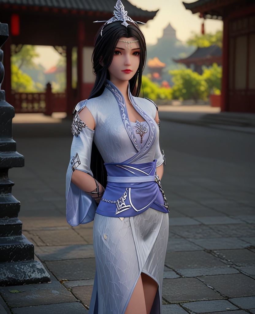 (oriental architecture, elegant decor, sophisticated style:1.1),(Standing, hands behind the back,:1.1),(breasts:1.2),<lora:XL神墓楚月:0.95>,miss chuyue,silver dress,sash,detached sleeves,brown eyes,black hair,long hair,hair ornament,wrist cuffs,, score_9,score_8_up,score_7_up,score_6_up,score_5_up,score_4_up,3d rendering,tag1,tag2, Cinematic Lighting,backlighting,